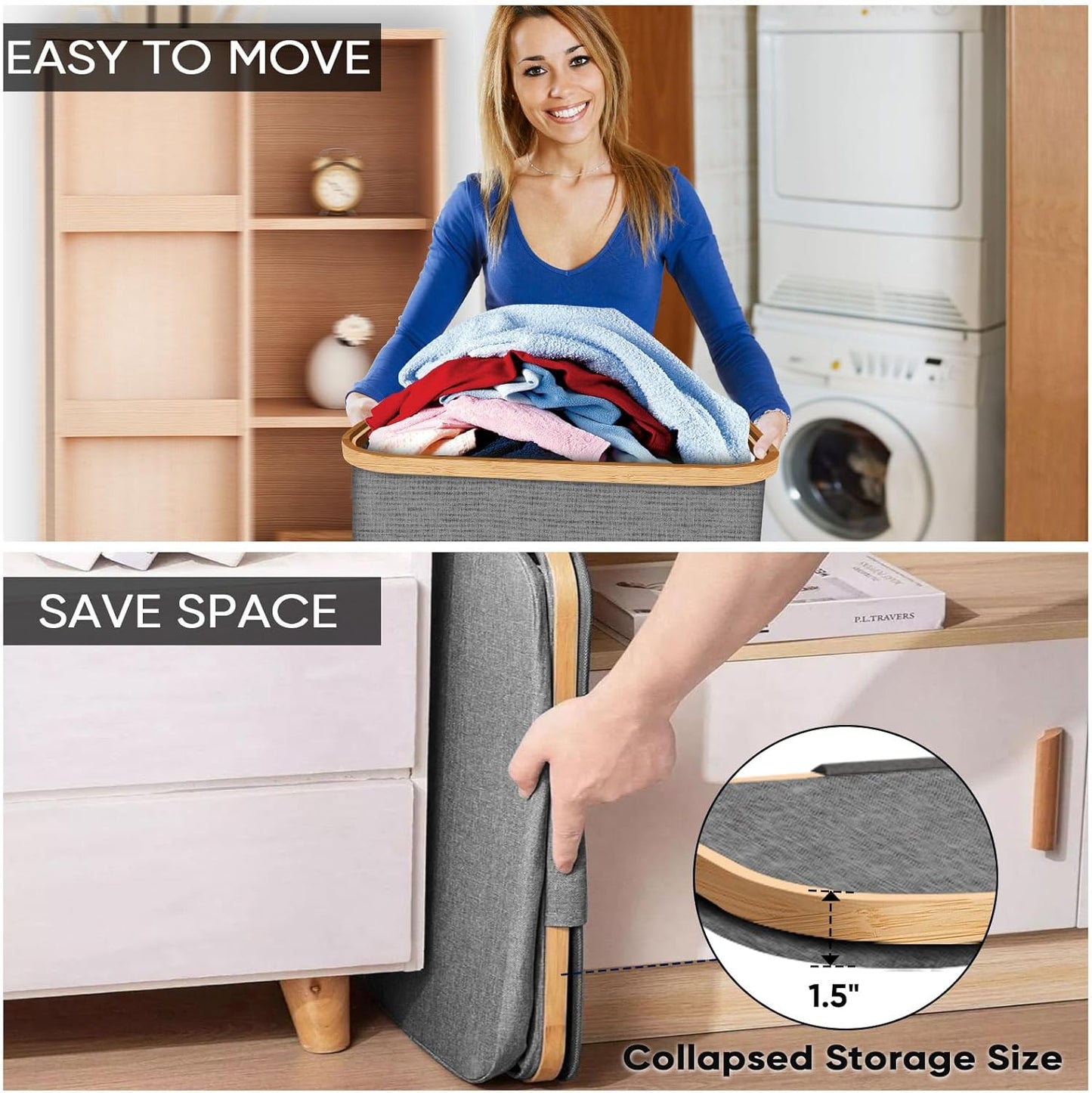 BALEINE Laundry Hamper with Lid, Tall Laundry Baskets with Bamboo Pull Handles, Large Laundry Bin with Internal Support (36 Gal/140L, Blue)