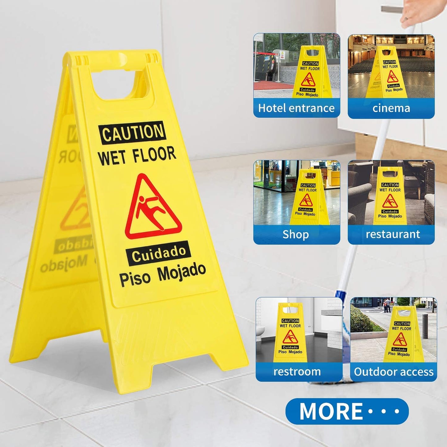 CERLMLAND Caution Wet Floor Sign, Foldable Sturdy Bilingual Double-Sided Safety Warning Signs for Commercial Use, Pool (2-Pack Yellow)