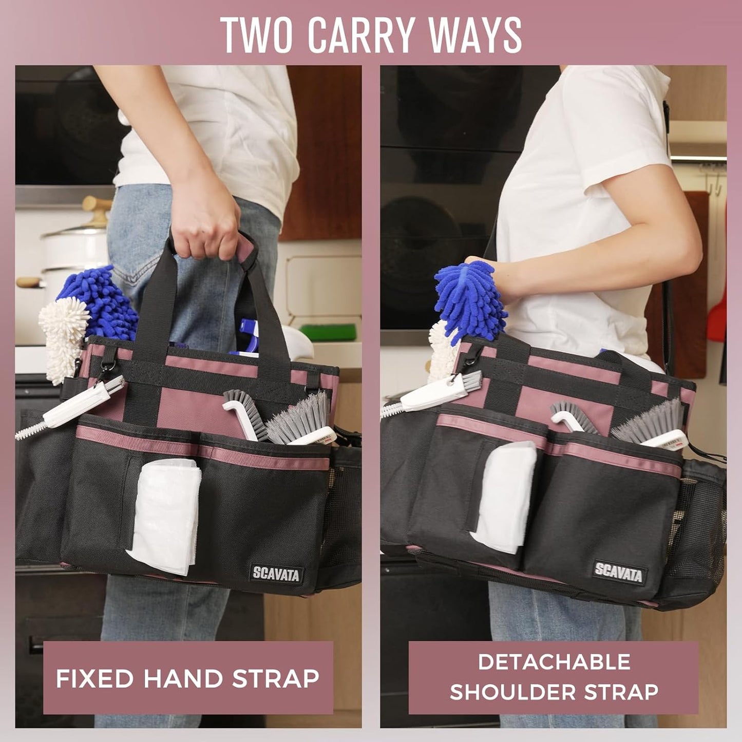 Compact Wearable Cleaning Caddy, Small Cleaning Caddy Supplies Organizer with Handle & Shoulder Straps for Housekeepers, Under Sink & Car Cleaning Tool Organizers Bag (LotusPink)