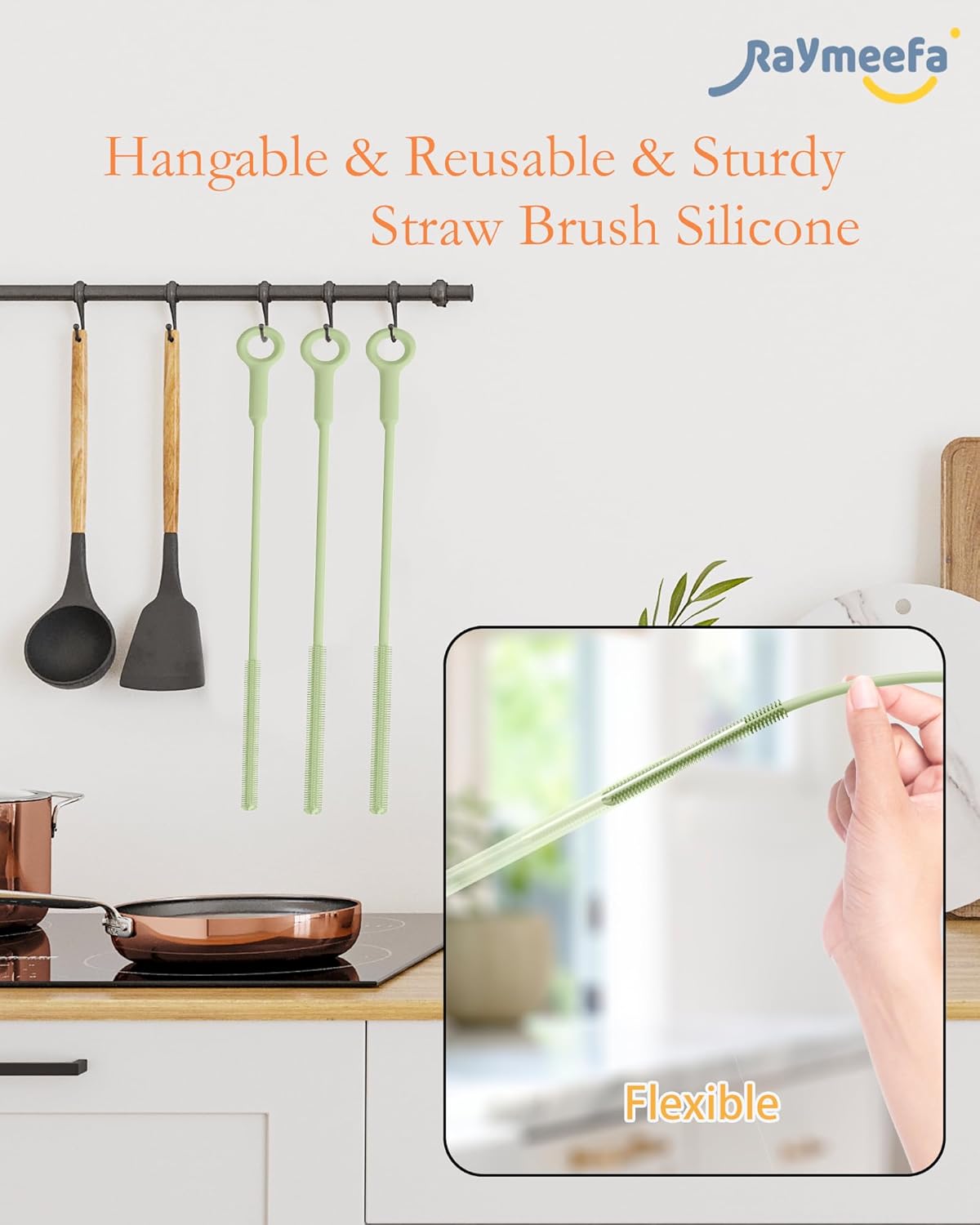 Extra Long Straw Cleaner Brush,Reusable and Soft Silicone Straw Cleaning Brush to Clean Crevice(Avocado Green)