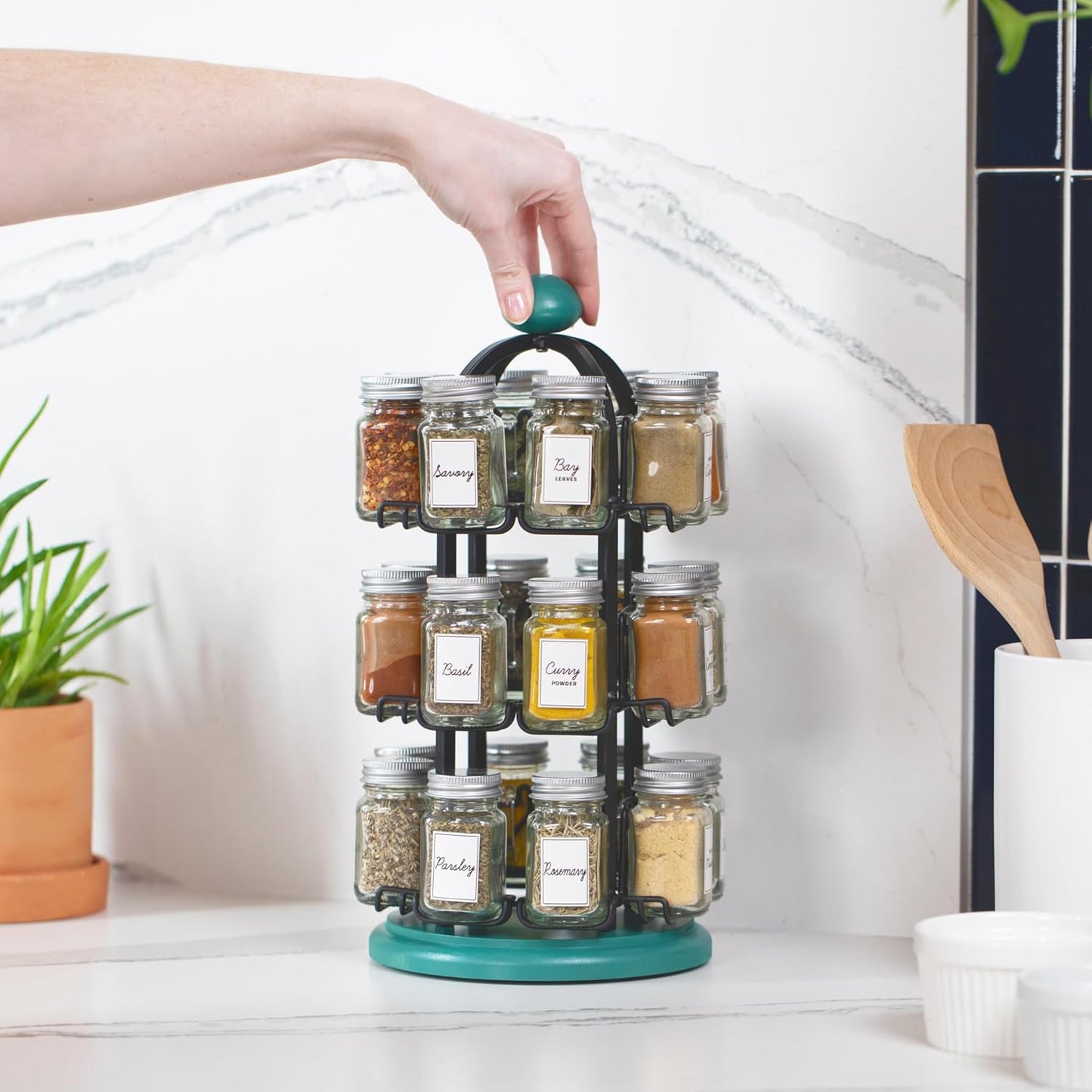 Orii Adrinova 24 Jar Revolving Spice Rack with Spices Included, Spice Organizer for Kitchen Countertop, Black & Green