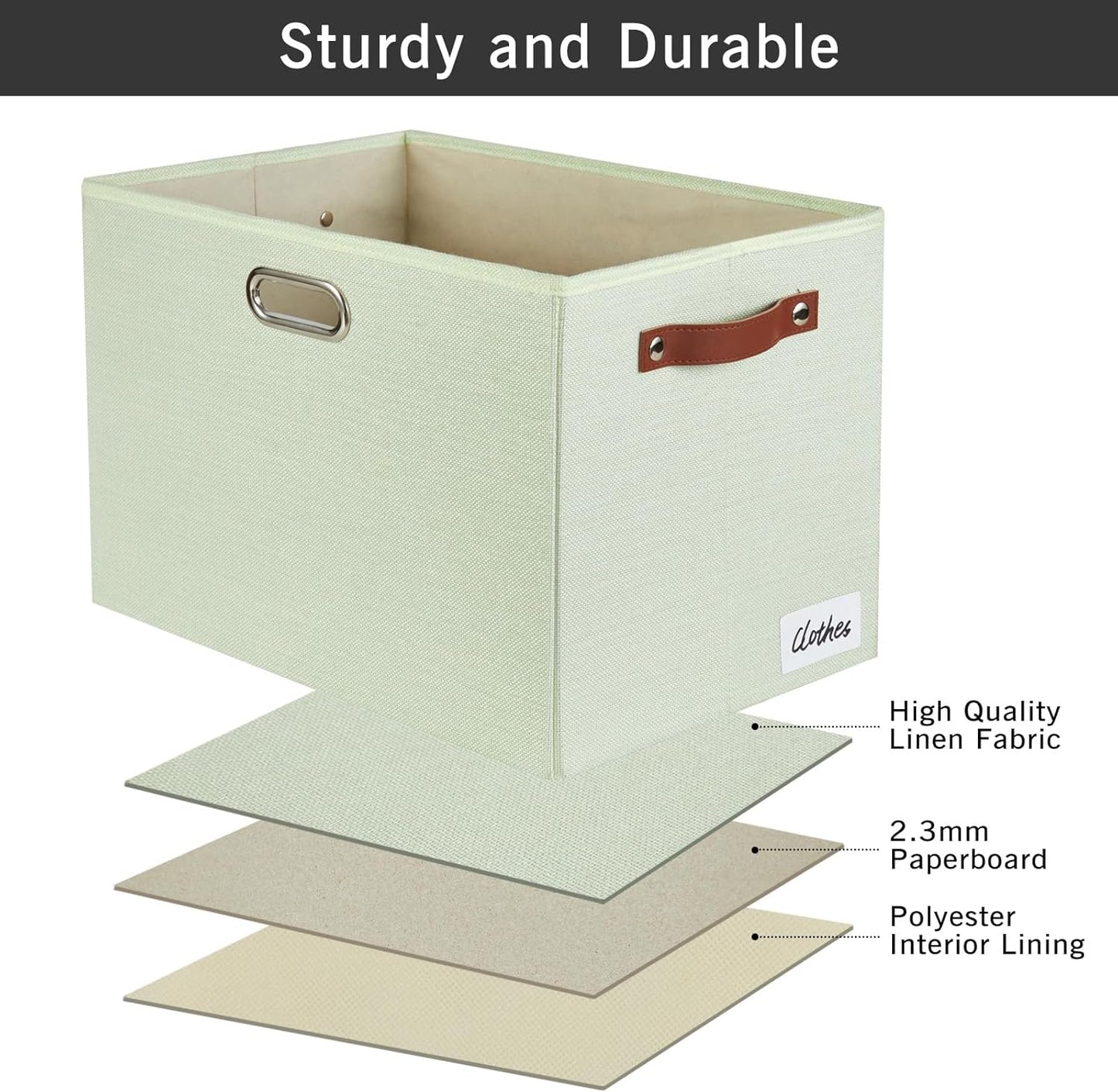 3-Pack Foldable Fabric Storage Bins with Durable PU & Metal Handles, Collapsible Storage Baskets for Shelves, Home Storage, Closet Organizers, Living Room(17"x11.8"x11.8", Sage Green)