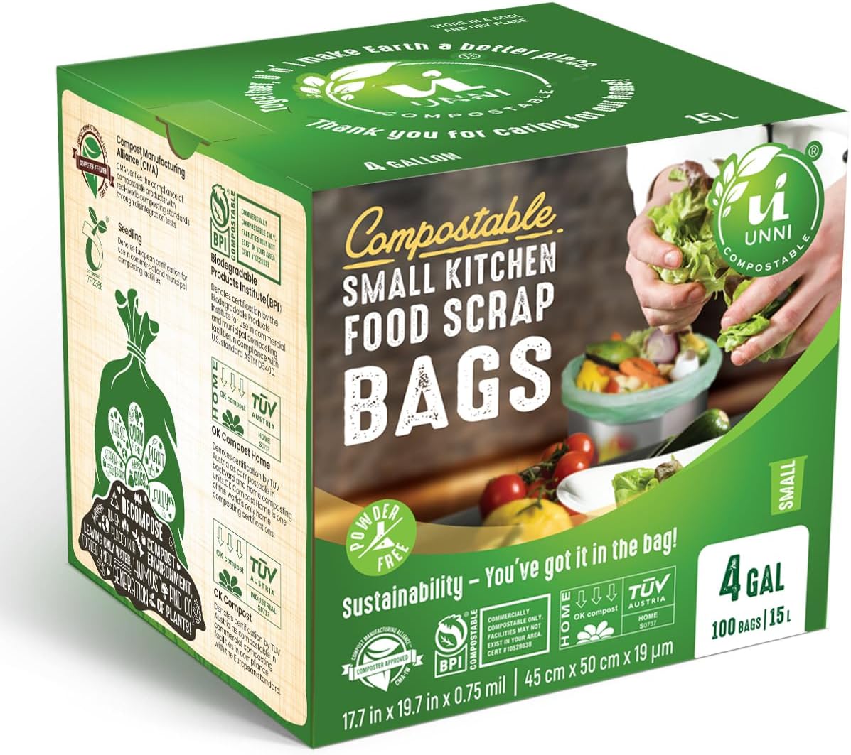 UNNI Compostable Trash Bags, 4 Gallon / 15 Liter, 100 Count, Extra Thick 0.75 mil Small Kitchen Food Scrap Bin Liners, Certified by BPI, CMA & OK compost HOME, Meets the ASTM D6400 Standard
