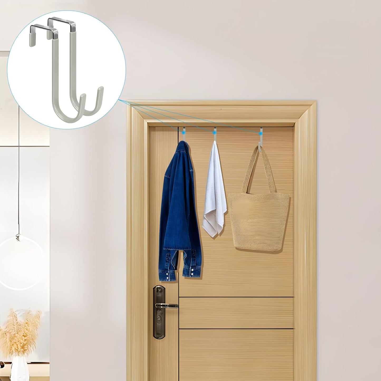 FYY Over The Door Hooks, 4 Pack Door Hangers Hooks with Rubber Prevent Scratches Heavy Duty Organizer Hooks for Living Room, Bathroom, Bedroom Hanging Clothes, Towels, Hats, Coats, Bags Grey