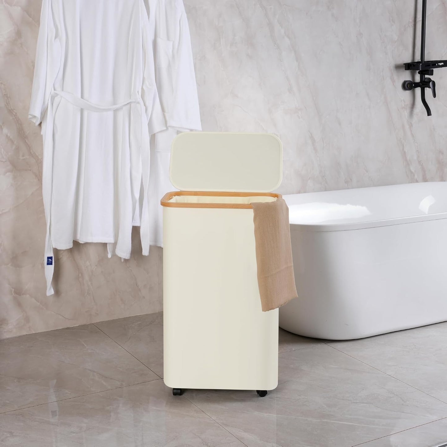 efluky Slim Laundry Basket with Wheels, Narrow Rolling Laundry Hamper with Lid and Removable Bag, Aesthetic Dirty Clothes Hamper on Wheels for Laundry Room, Bedroom, Dorm and Bathroom, 75L Beige