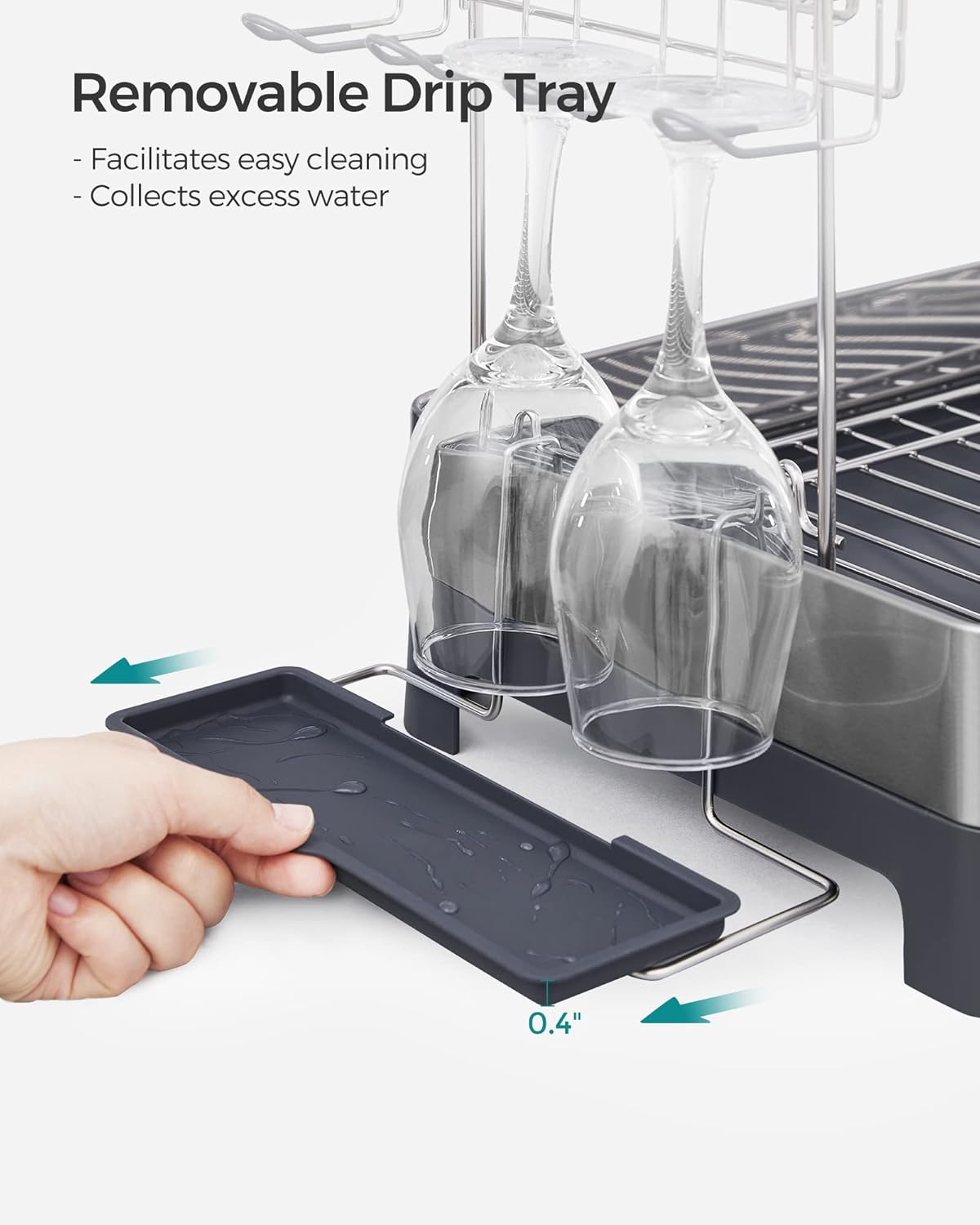 SONGMICS Dish Drying Rack - 2 Tier Dish Rack for Kitchen Counter with Rotatable and Extendable Drain Spout, Dish Drainer with Utensil, Cup, Glass, Cutting Board Holders, Silver and Gray UKCS032E01