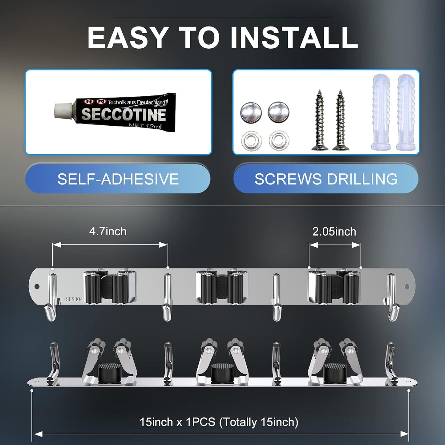 ZONGOOL Mop Broom Holder Wall Mount, Broom Organizer Mop and Broom Storage Tool Racks Stainless Steel Wall Hanger for Home Kitchen Garden Laundry Garage (3 Racks with 4 Hooks, Silver)