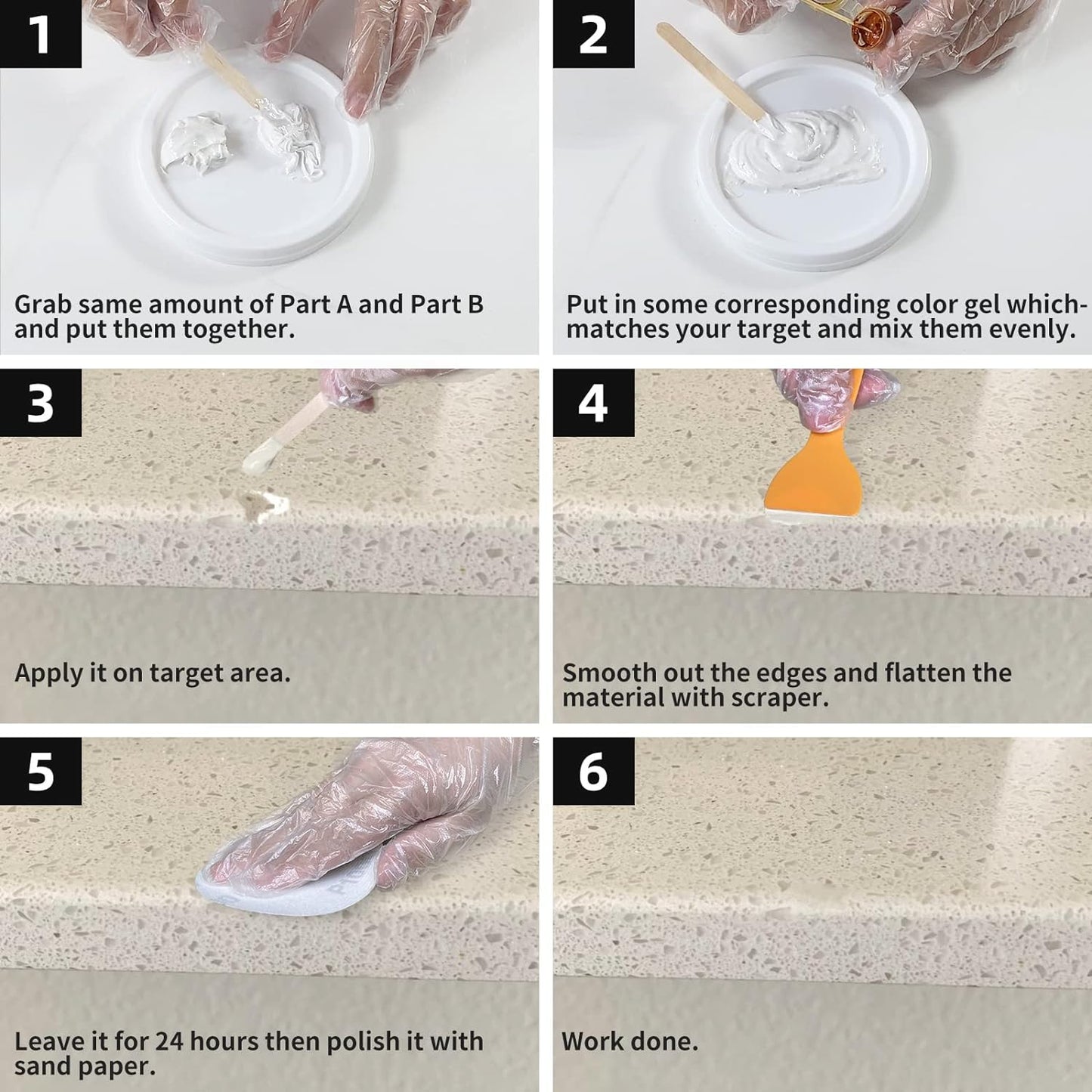 Globalcom Tile and Granite/Marble Repair Kit, Porcelain Stone and Quartz Countertops Repair Kit for Chips Dents Cracks Holes Scratch, Fix Chipped Edges Corners, Reattaches Missing Pieces