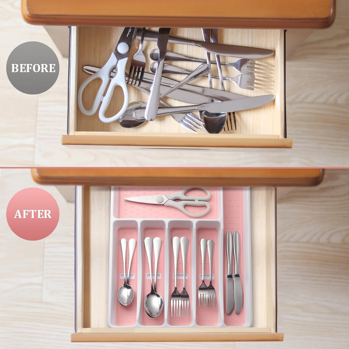 Silverware Organizer with Cutlery Icons,Pink Kitchen Silverware Tray for Drawer,Plastic Flatware Tableware Cultery Drawer Organizer Utensil Organizer with Non-slip TPR Linings,6-Compartment,Pink