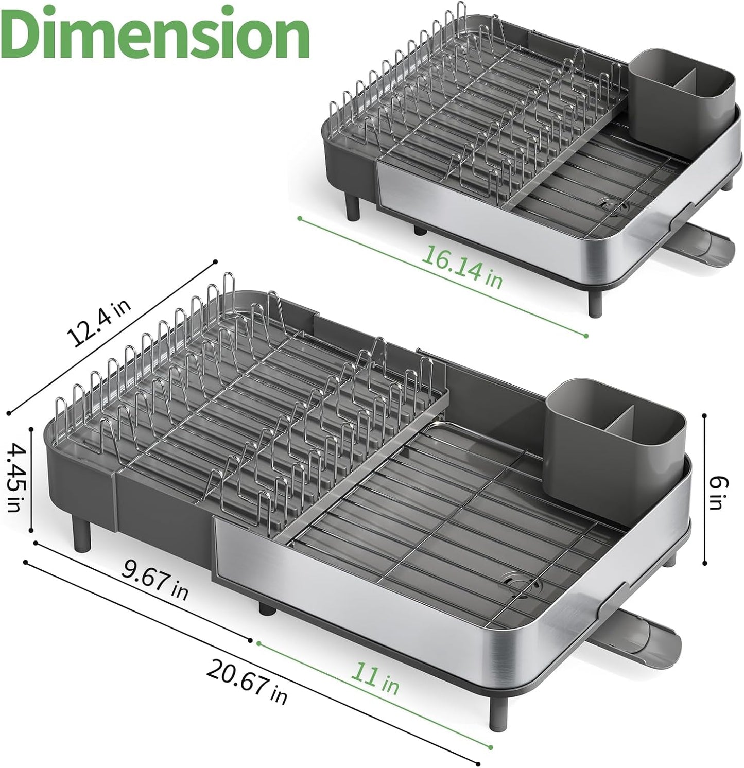Expandable Dish Drying Rack,Foldable 304 Stainless Steel Dish Rack with Dual Parts, Extendable Dish Drainer Rack for Kitchen Counter, Dish Drying Rack with Cutlery Holder Gray