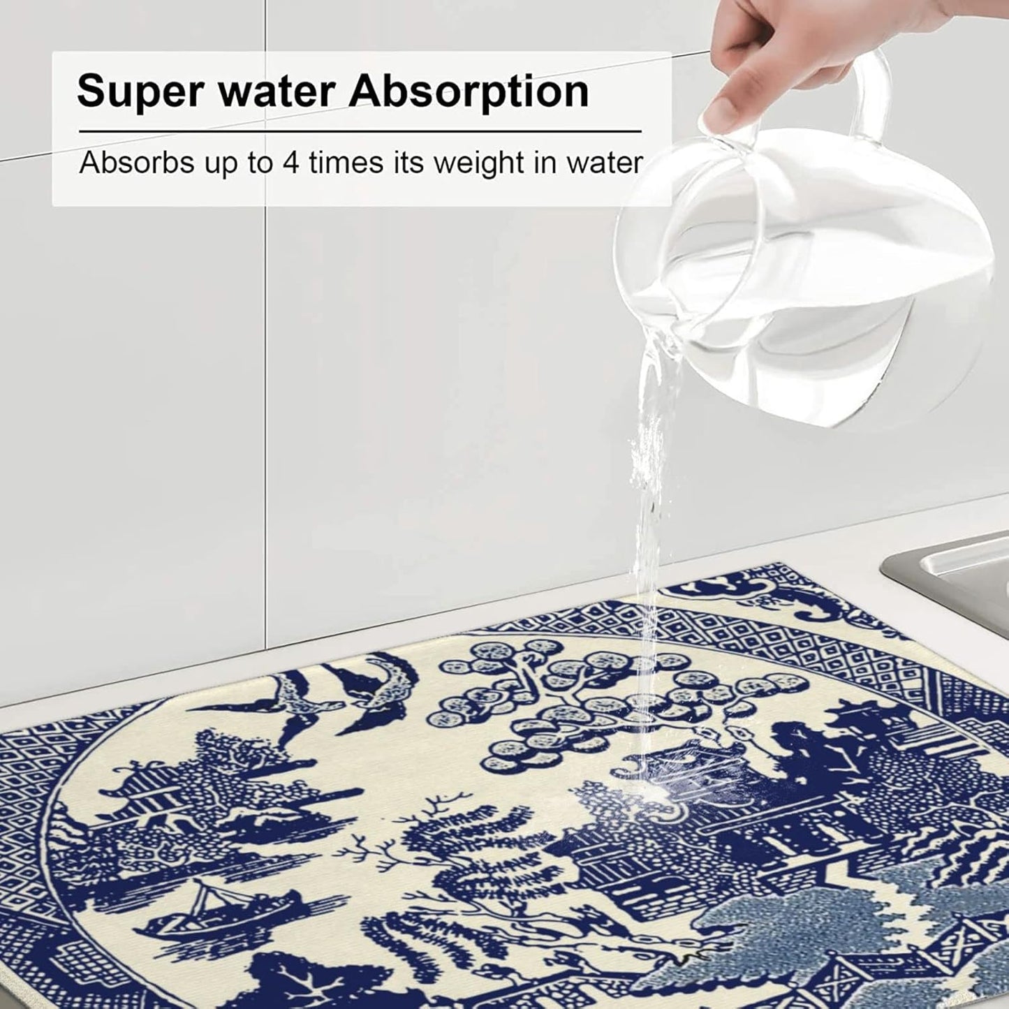 Dish Drying Mat For Kitchen Counter Absorbent Dish Mat Reversible Drainer Drying Kitchen Mat (Oriental Style Chinese Blue Willow, 24X18)