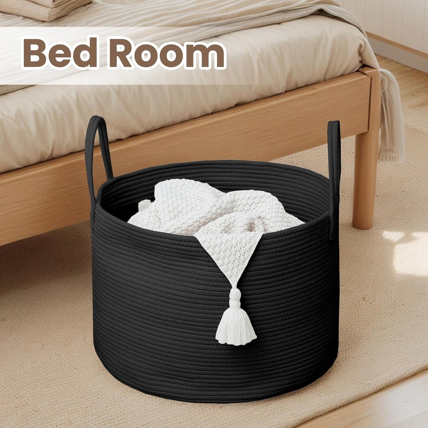 Woven Blanket Basket,115L Large Rope Storage Bin with Handles, Organizer for Blankets Toys Book and Clothes, Laundry Basket for Living Room Bedroom Nursery,Black