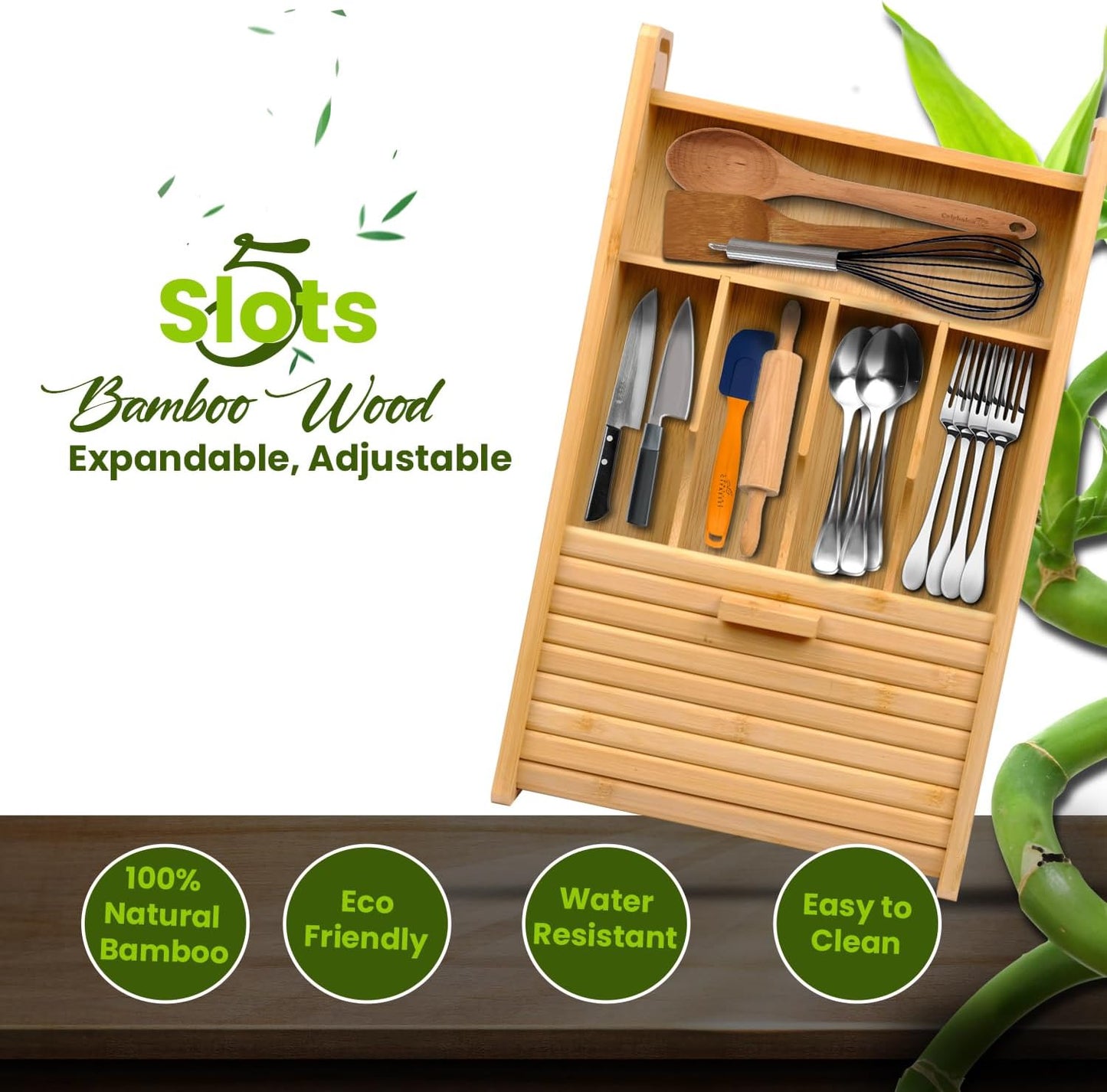 KozyKoala & Co. Bamboo Drawer Organizer with Sliding Lid - 5 Slot Kitchen Drawer Organizer & Utensil Holder - Wood Bamboo Cutlery Tray for Flatware, Gadgets & Multipurpose Storage for Home & Office