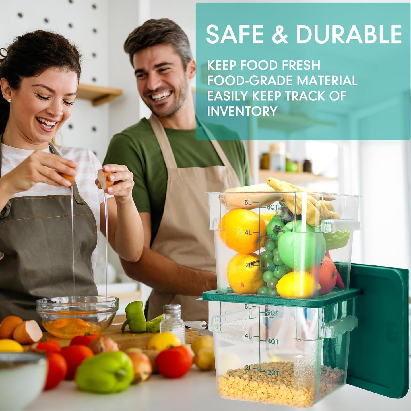 Lallisa 8 Pack 6 Qt Commercial Food Storage Containers with Lids Square Food Storage Container Clear Cereal Storage Containers for Kitchen Freezer Pantry Restaurant Flour Sugar(Green Lids)