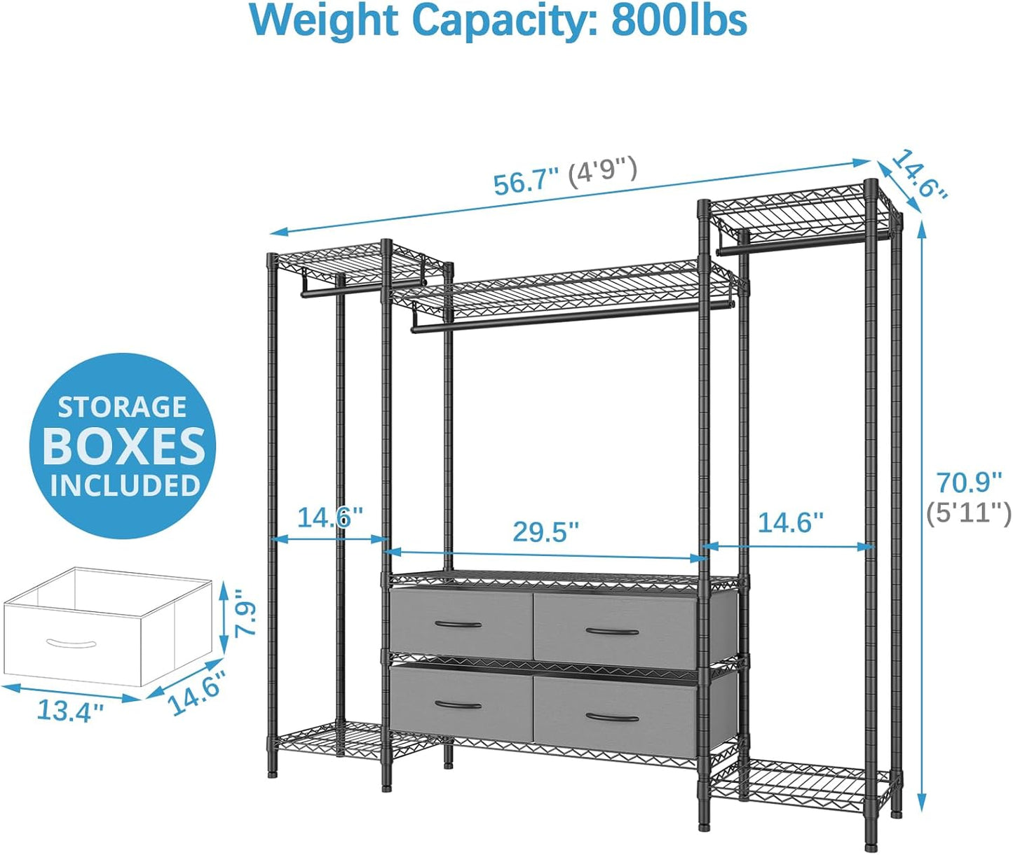 VIPEK V20 Wire Garment Rack Heavy Duty Clothes Rack, Metal Clothing Rack with 6 Shelves, 3 Hang Rods & 4 Fabric Drawers, Compact Wardrobe Closet, 56.7" L x 14.6" W x 70.9" H, Black