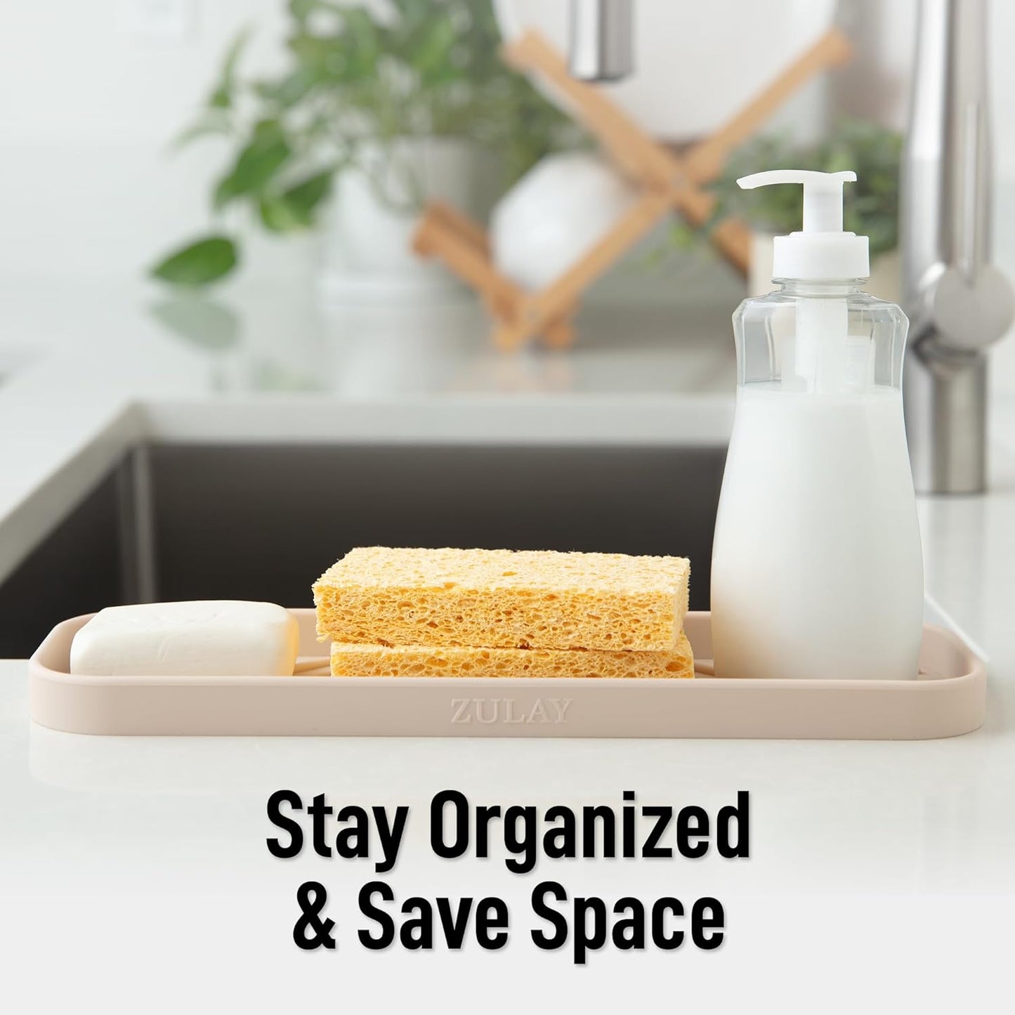 Zulay Large Silicone Sponge Holder (12x4) – Flexible Sink Organizer Tray for Kitchen & Bathroom – Multipurpose Soap Dish for Sponges, Makeup, Trinkets & More (Ivory)