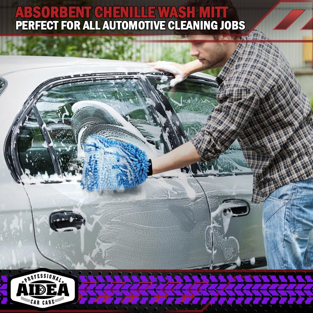 AIDEA Car Wash Mitt Microfiber-2PK, Scratch-Free& Lint-Free, Premium Chenille Microfiber Wash Mitt-Blue Regular Size (7.12''X10.14'')