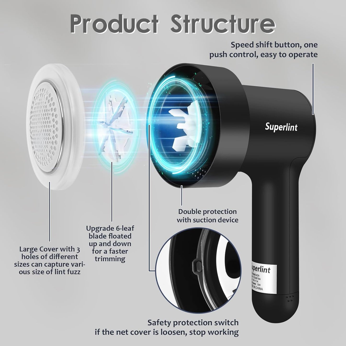 SUPER LINT Electric Fabric Shaver Electrostatic Brush, LED Display, 3-Speeds, Rechargeable Sweater Shavers to Remove Pilling for Clothing, Couch, Furniture, Black