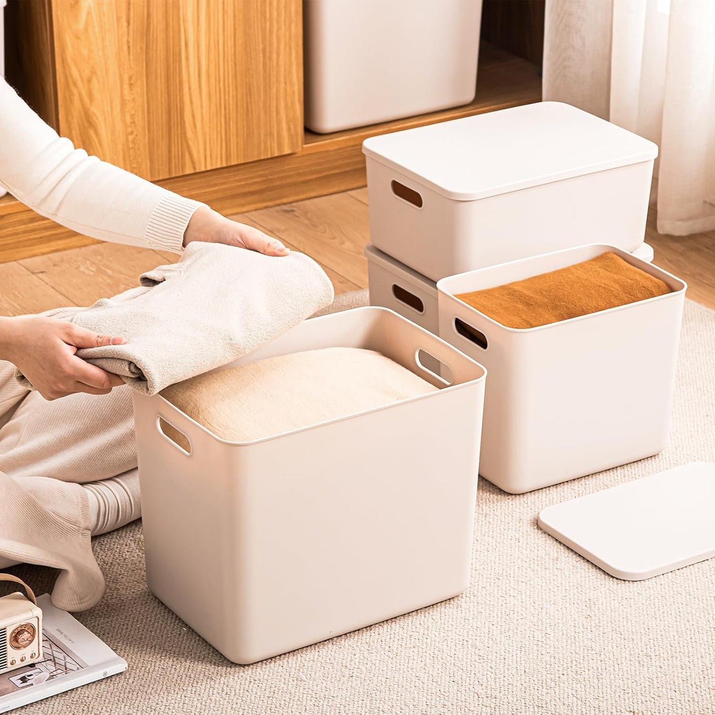 Plastic Storage Bins with lids,Storage Baskets,Container with handle,Storage Organizer Bins for Shelves,Office,Bedrooms,Closets, Cabinets(Grey,5XL+2L)