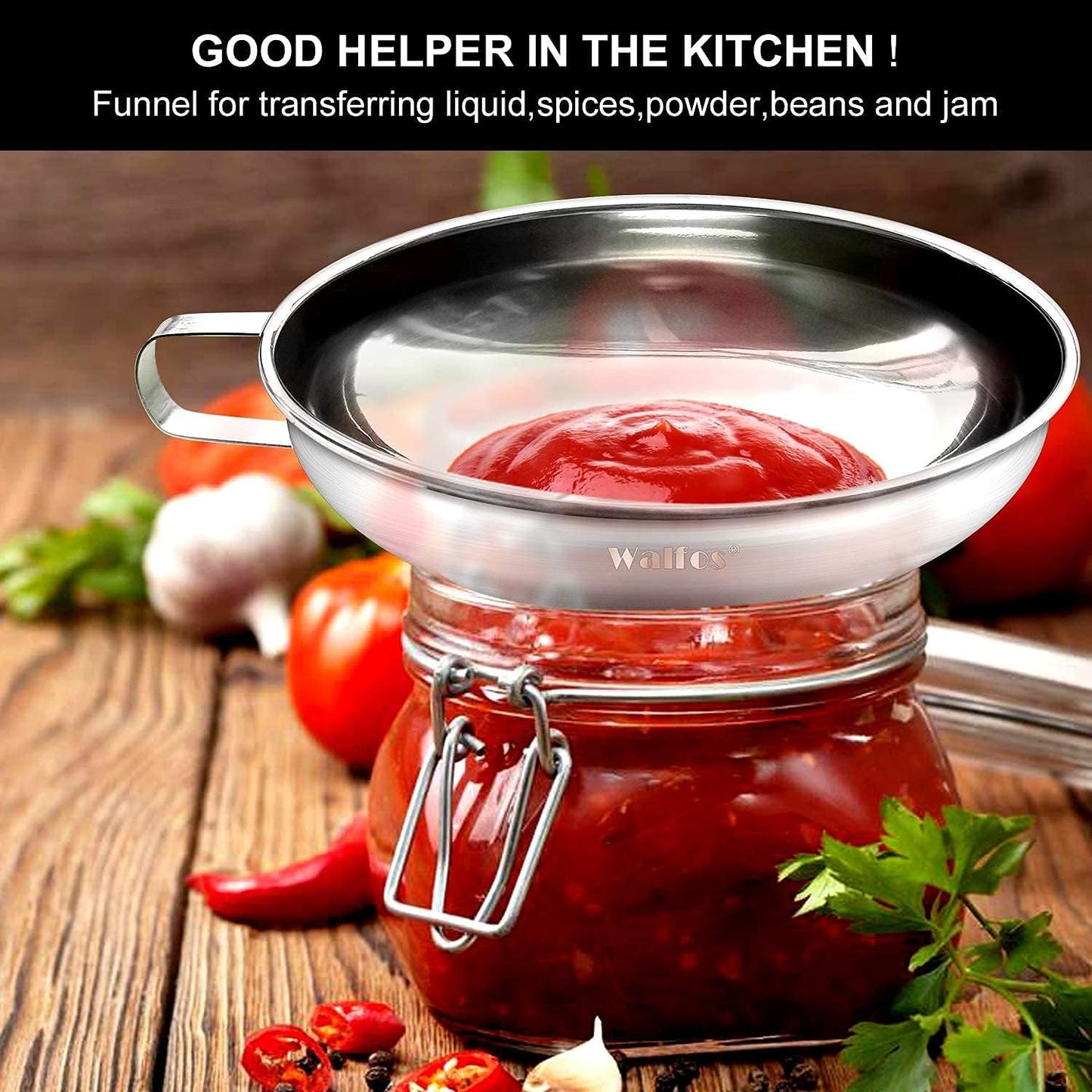 Walfos 2 Pack (4in & 5.5in) Stainless Steel Wide-Mouth Funnel with Handle for Wide and Regular Mason Jars Canning Jars, Wide-Mouth Funnels for Kitchen Use,Transferring Liquid and Dry Ingredients