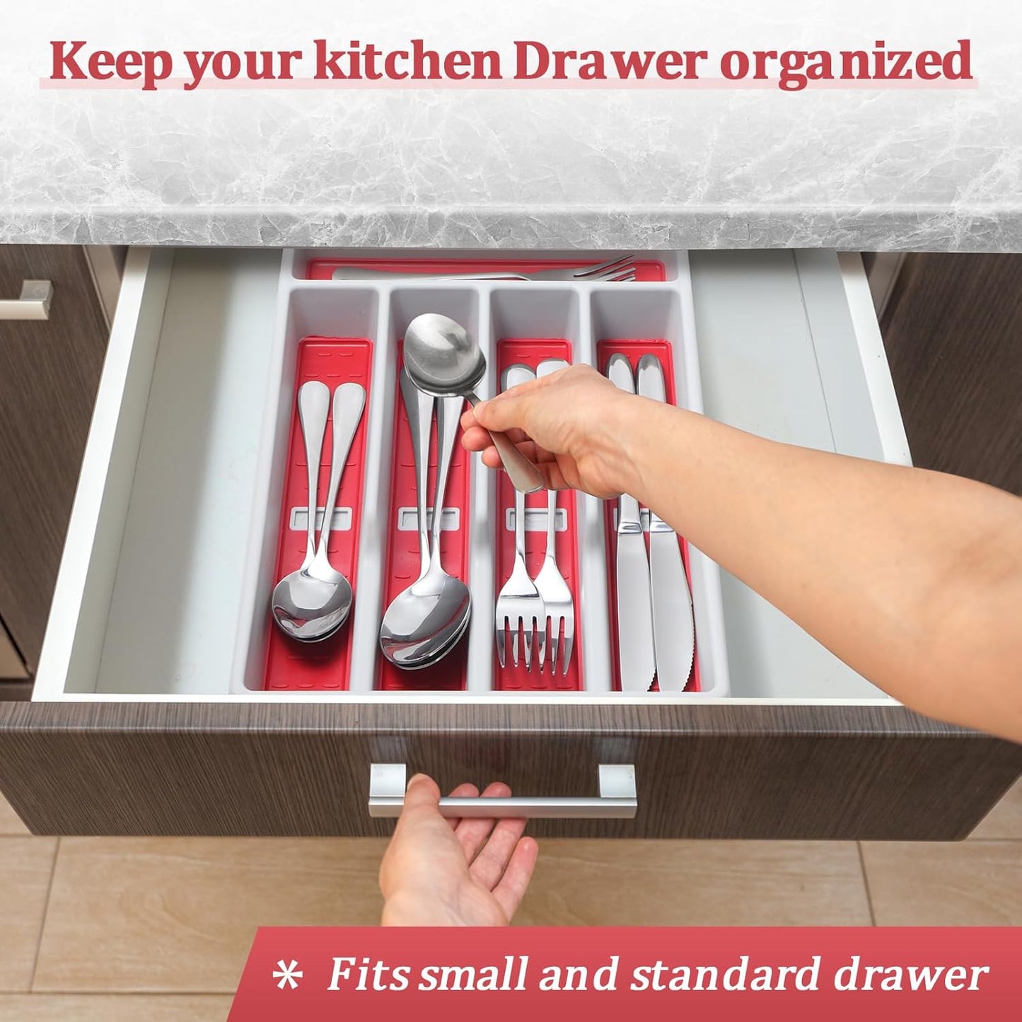 Silverware Organizer with Cutlery Icons,Silverware Tray for Kitchen Drawer,Flatware Tableware Cultery Drawer Organizer Utensil Organizer with Non-slip TPR Linings,Kitchen Organization Essentials