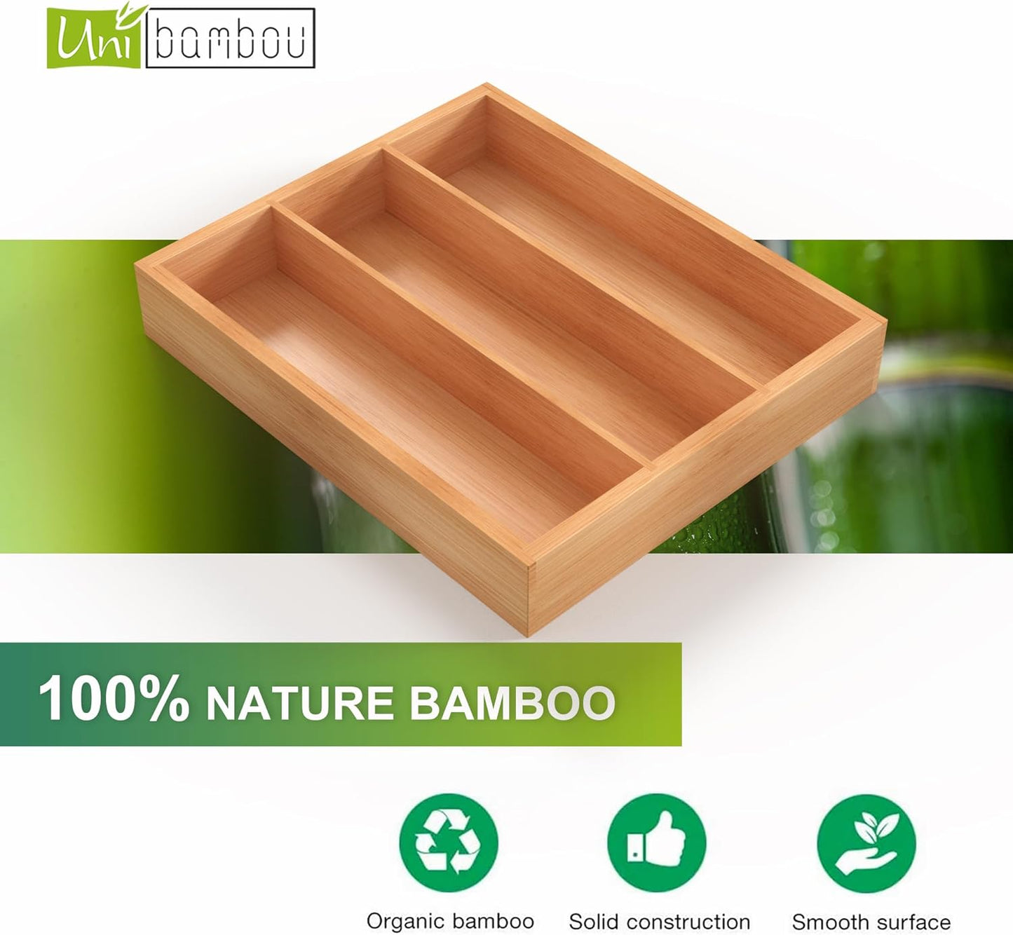 Bamboo Utensil Drawer Organizer, Silverware Tray Organizer, Kitchen Drawer Organizer for Flatware Cutlery, (Natural, 3 Slots)