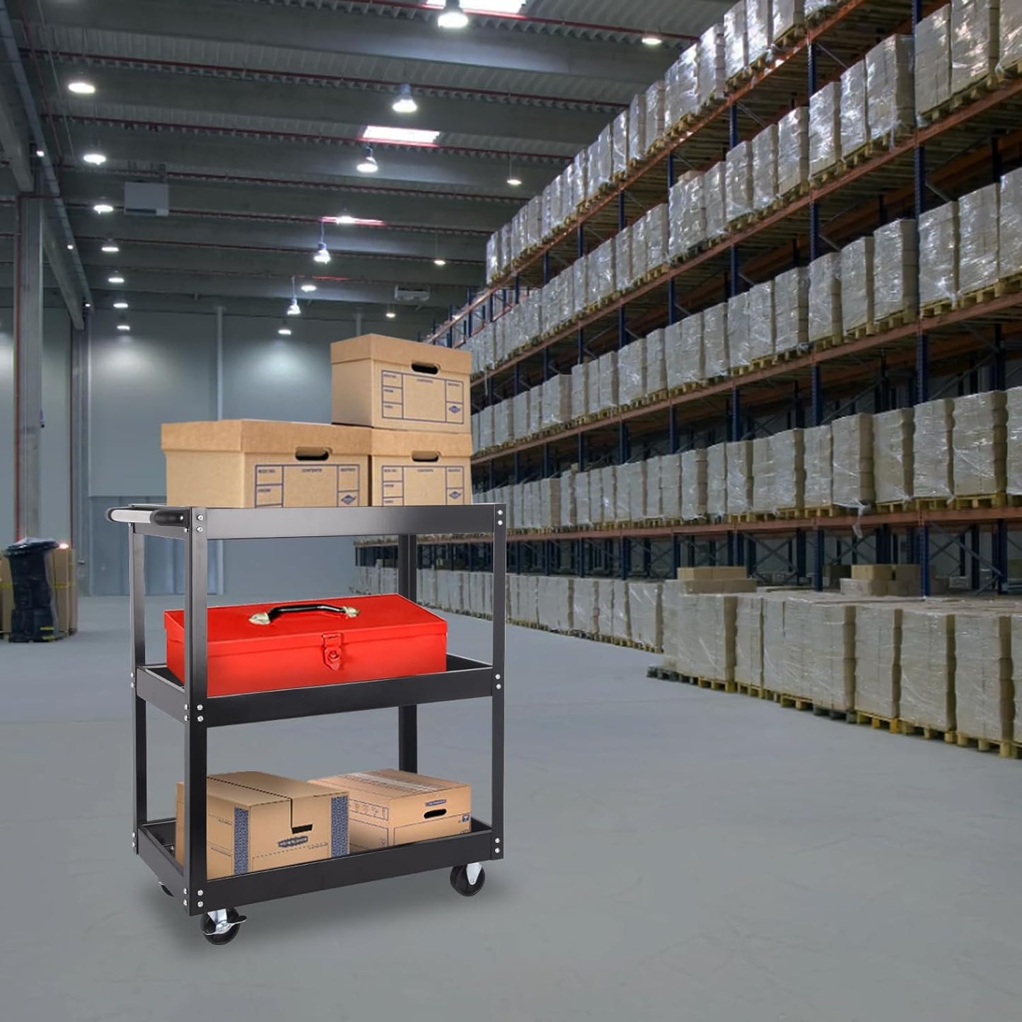 3-Tier Commercial Utility Cart, 3 Shelves Steel Service Tool Cart with Brake Wheels for Mechanics, 330lbs Heavy Duty Rolling Utility Carts Tub Storage Cart for Warehouse Office Garage, Black