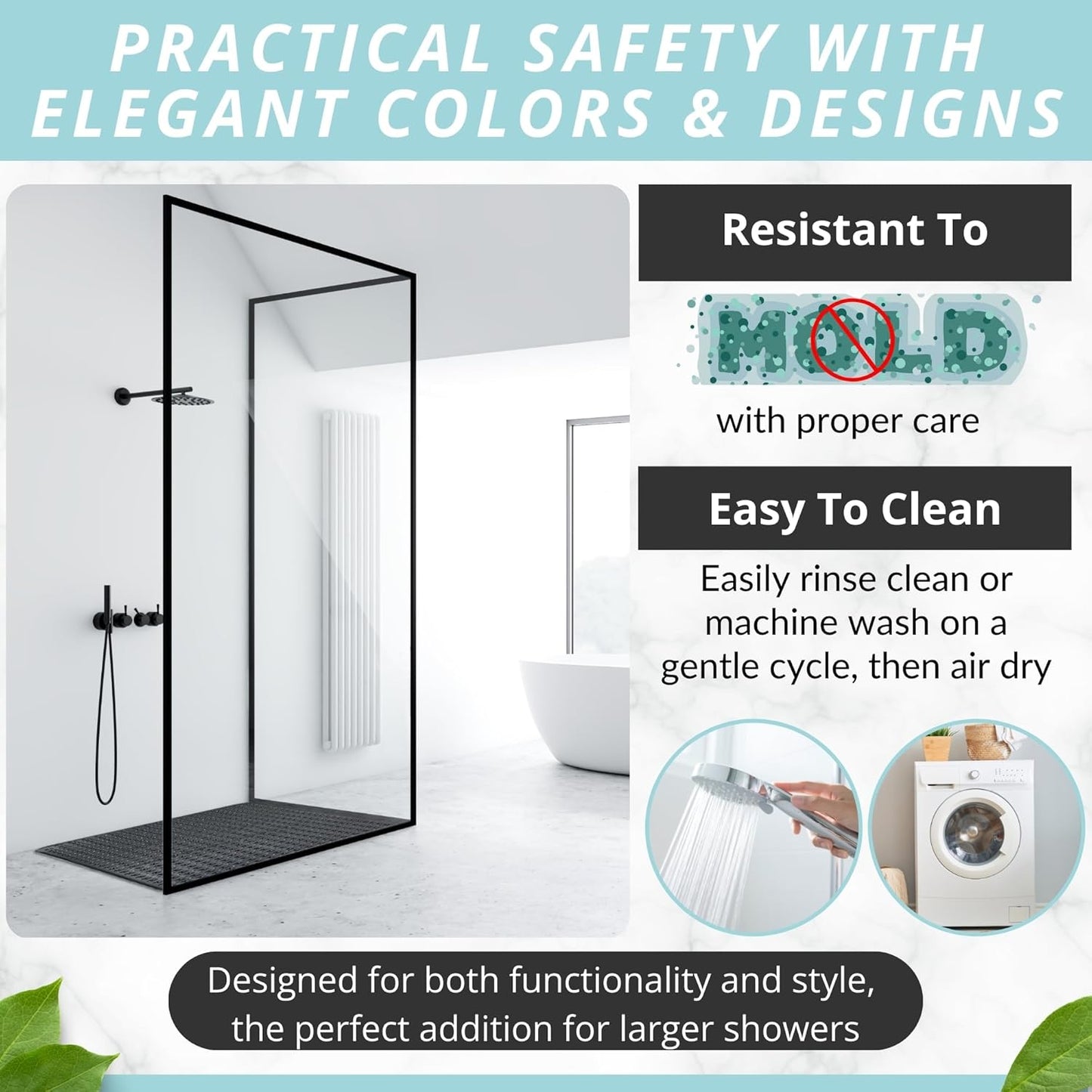 ENKOSI Extra Large Shower Mat Non Slip - 47 x 32 inch - XL Bathroom Shower Mat - Large Shower Matts for Shower Stall Floors - Secure Suction Cups and Drain Holes (47x32 Black)