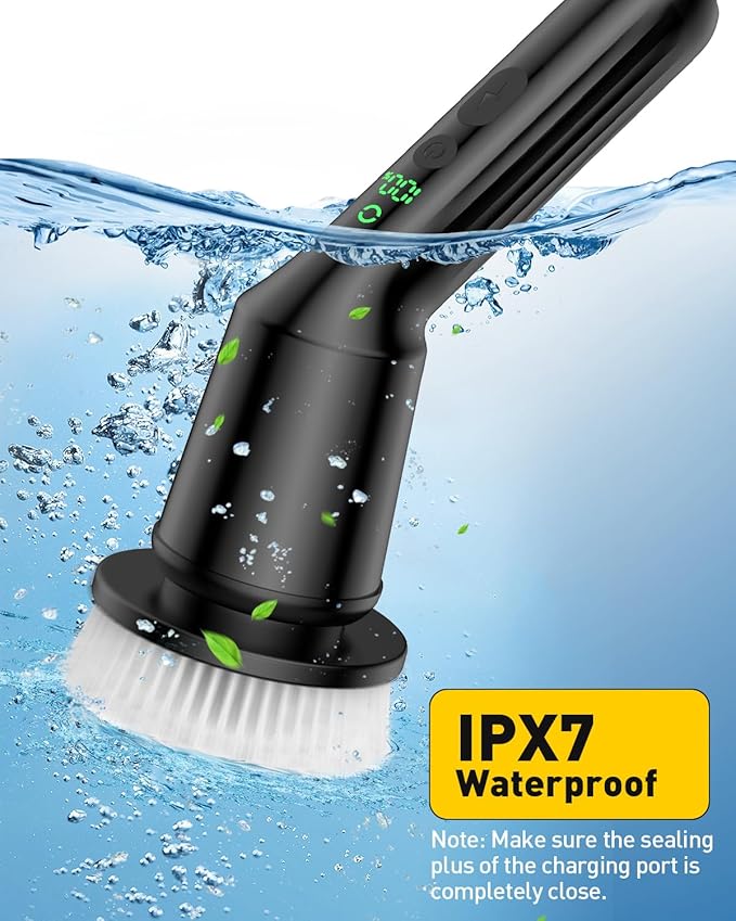 Electric Spin Scrubber for Cleaning Bathroom, Shower Scrubber Cordless Cleaning Brush with IPX7 Waterproof & 2 Speed, 3 Brush Heads, Bathroom Cleaning Supplies for Toilet Shower Tub Black