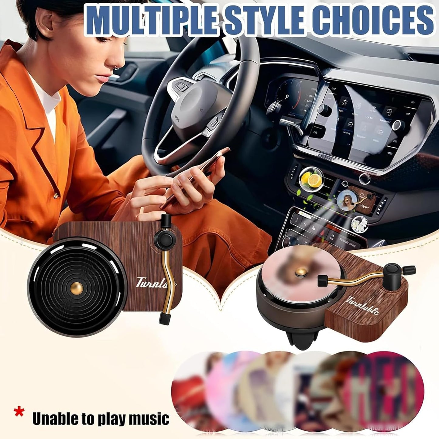 Taylo r car-mounted record player essential oil fragrance disc air freshener vent clip diffuser, retro wooden design, suitable for gifting to Swif t fans and music enthusiasts.