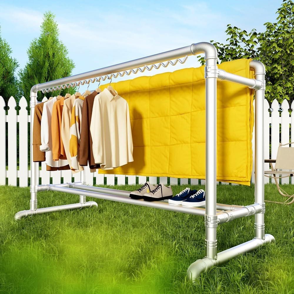 Clothes Drying Rack with Windproof Hooks, 63 inch Drying Rack Clothing Indoor Outdoor, Free Standing Metal Clothes Rack