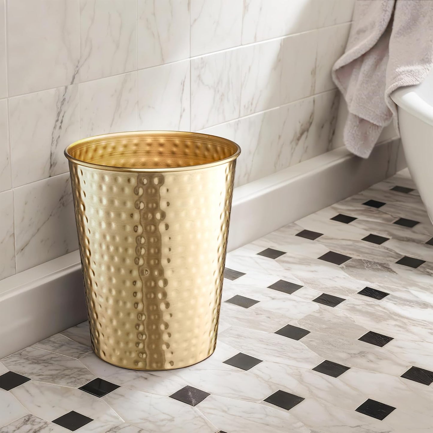 Monarch Abode Brushed Gold Hand Hammered Metal Wastebasket for Home Office Bedroom, Decorative Waste Basket, Modern Garbage Can, Durable & Decorative Trash Bin, Brushed Gold Bathroom Trash Can