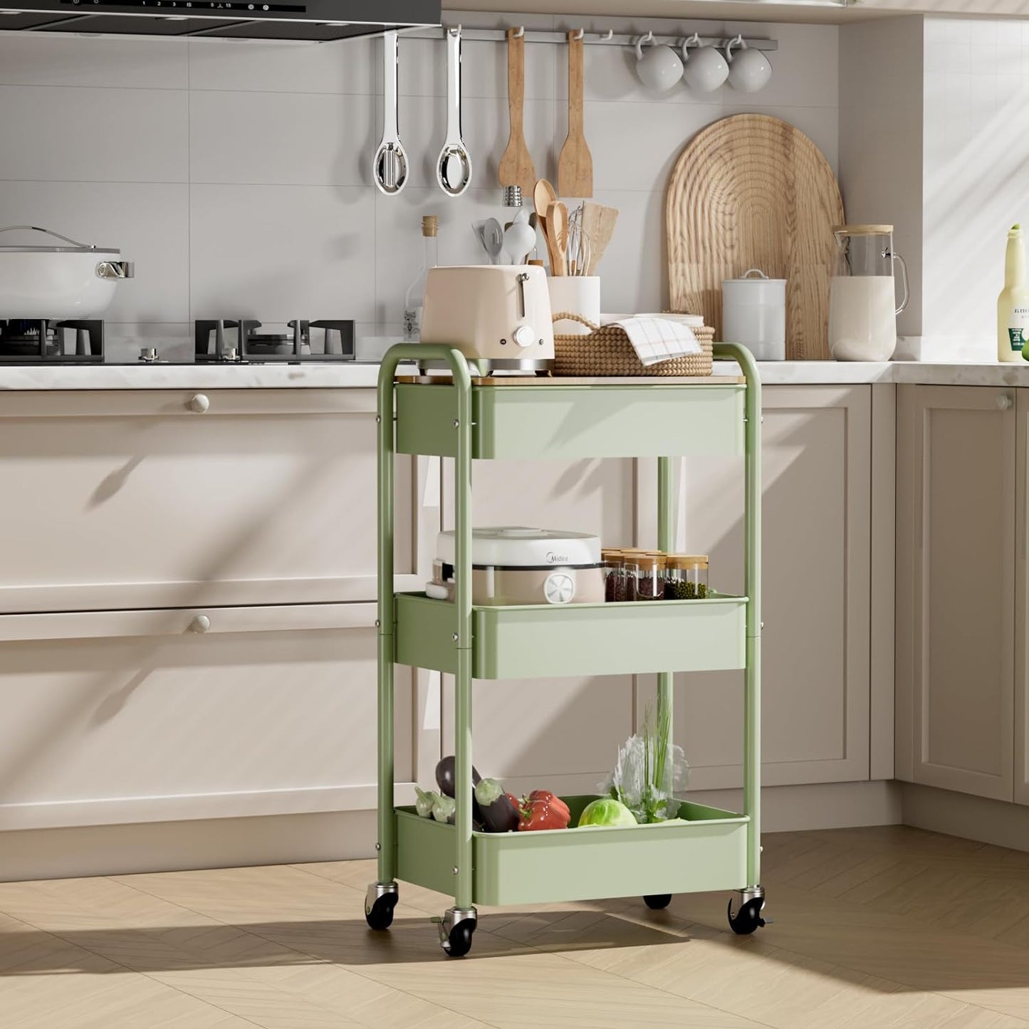 3 Tier Rolling Cart with Table top, Metal Rolling Utility Cart, Sturdy Storage Organizer Cart with Locking Wheels & Hooks for Office, Classroom, Kitchen and Bathroom