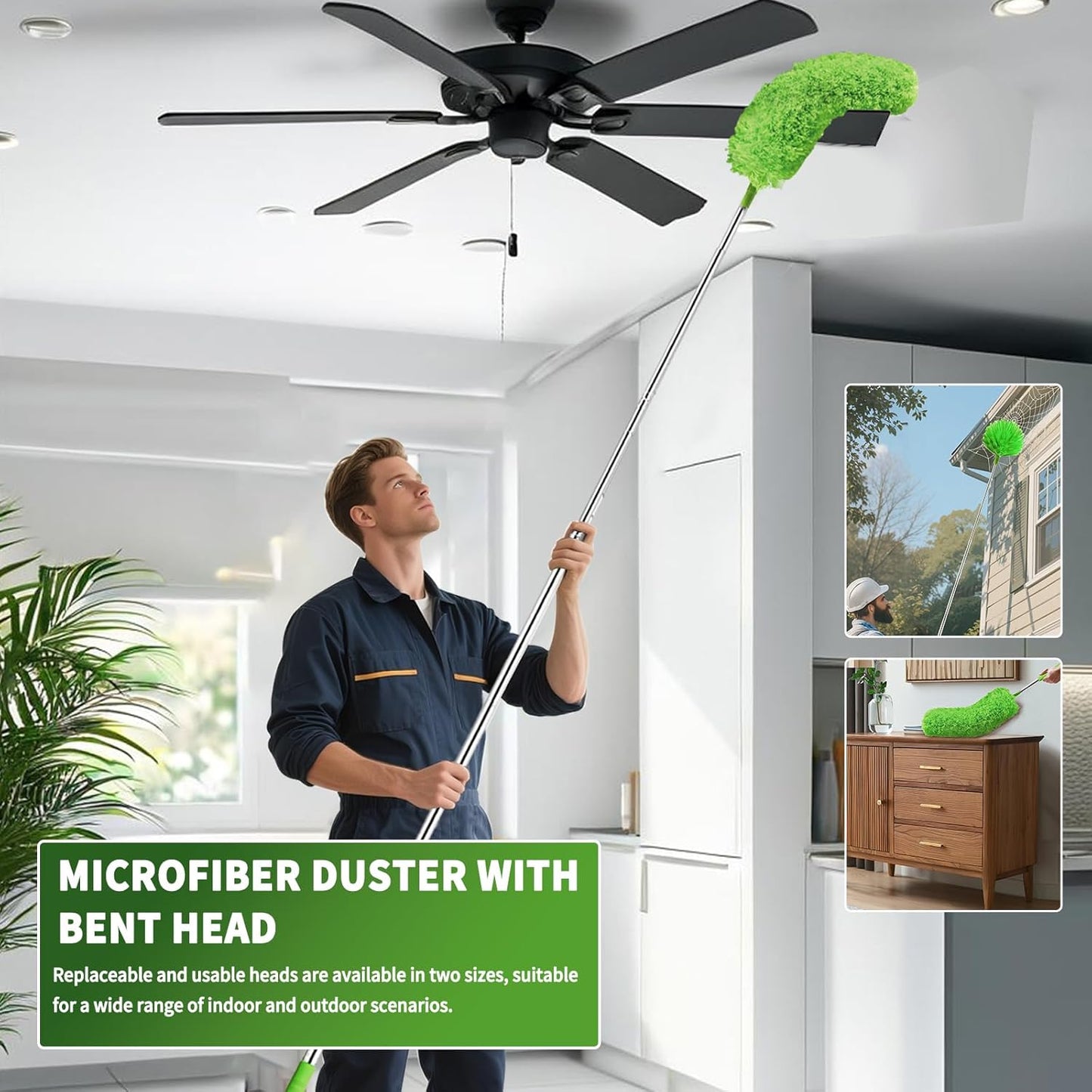 Cobweb Duster with Extension Pole, Washable Cleaning Duster Set with 2 Duster Heads, Corner Brush, 15-110-Inch Telescoping Pole for high Ceiling Fans, Long Duster for high Ceilings,Reach Duster