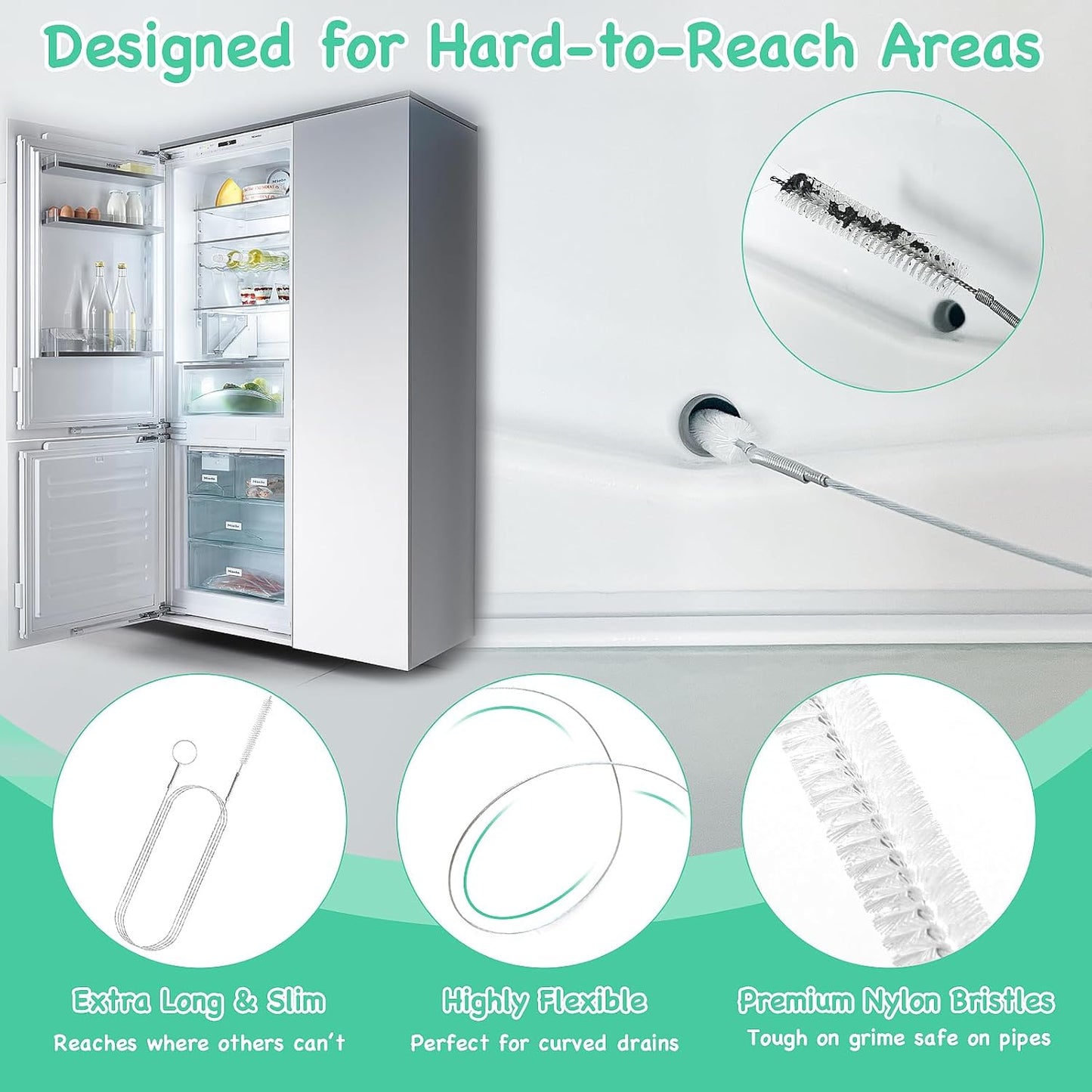 20PCS Drain Clog Remover Tool Set – 59” Drain Snake (2), 37” Snake Drain Hair Removal Tool (2), 25” Plumbing Snake (4), 24” Sink Snake (1), 18” Sink Drain Cleaner Tool (1), Straw Cleaning Brushes (10)