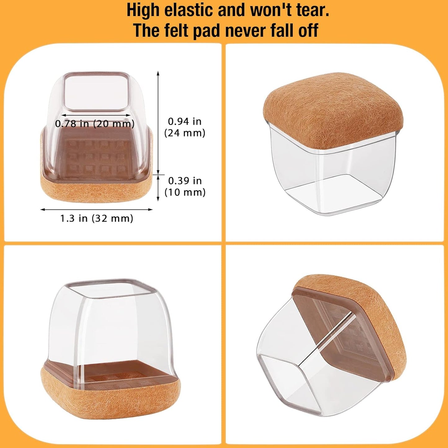 32 Pcs Chair Leg Floor Protectors Square, Silicone Chair Leg Protectors for Hardwood Floors, Chair Leg Caps Covers Protect Wooden Floors from Scratching, Thick, Won't Tear (Fit: 9/10" - 1")