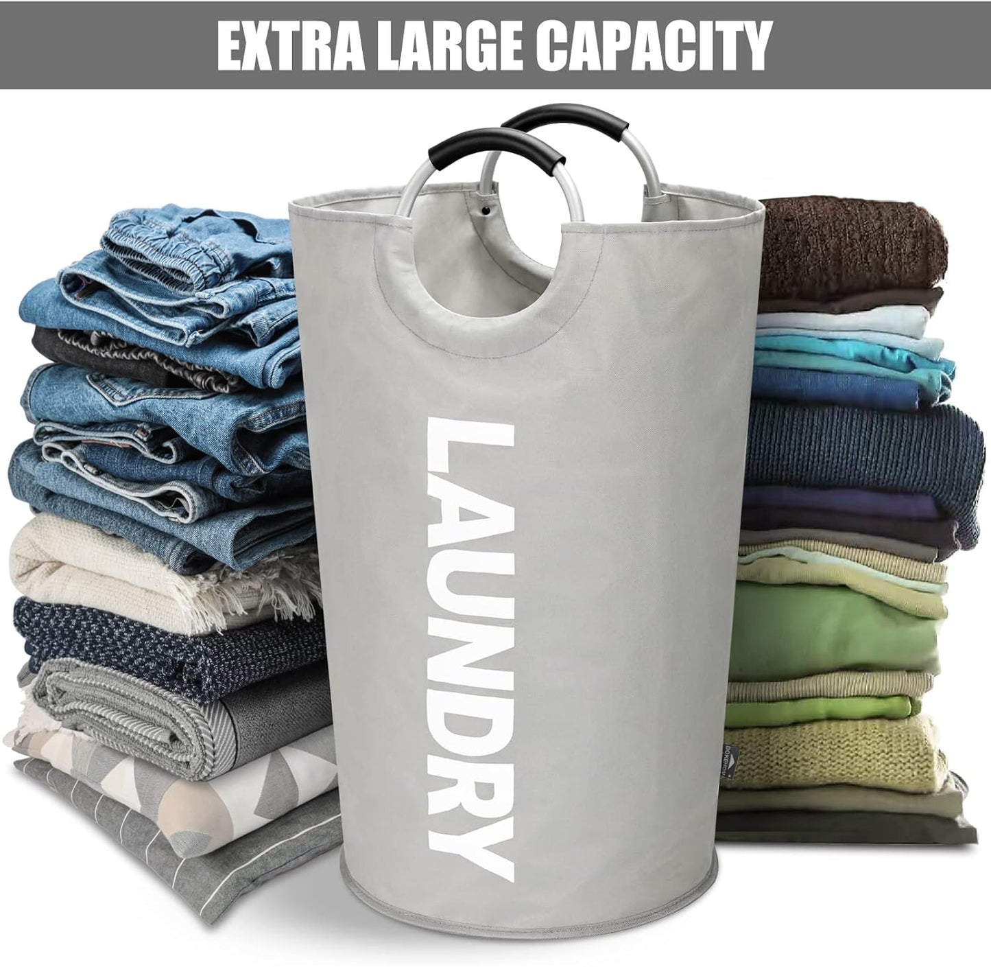 DOKEHOM 125L X-Large Collapsible Washing Laundry Basket Bag (7 Colors) for Bedroom, Fabric (Grey, XL)