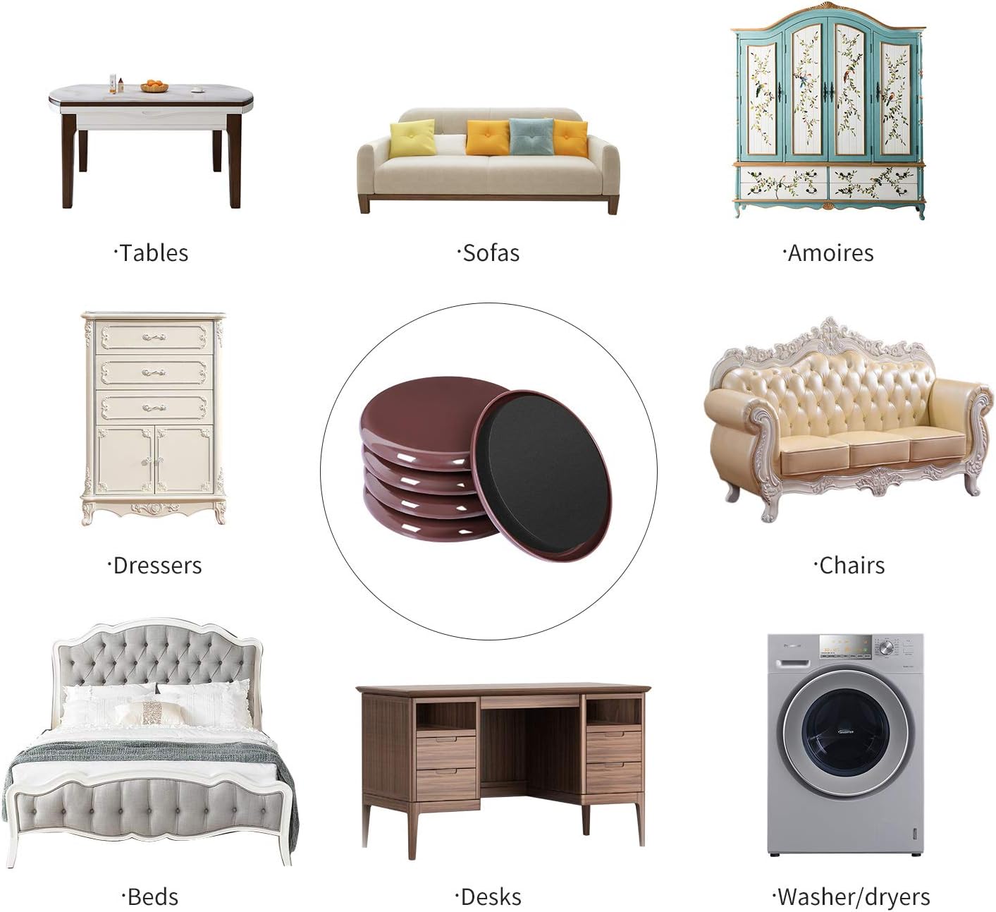 Ezprotekt 8 Pack Reusable Large Furniture Movers Sliders for Carpet, 5" Round Furniture Moving Pads, Carpet Sliders for Heavy Duty Sofa Bed Couch Fridge, Move Items Easily and Quickly (Brown)