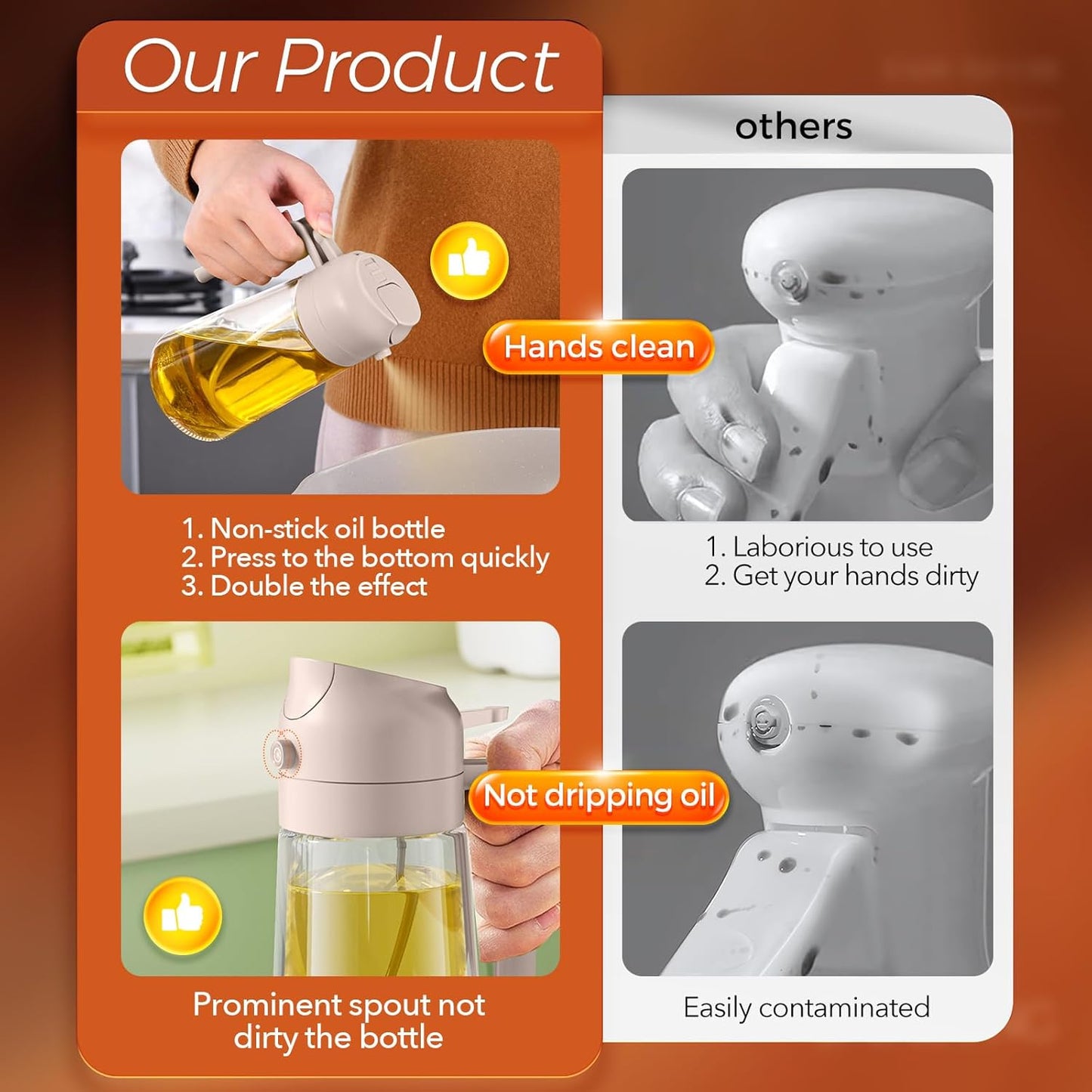 YARRAMATE 16oz/470ml Glass Olive Oil Sprayer for Cooking with Stickers, 2 in 1 Oil Dispenser for Kitchen Gadgets, Food Grade Premium Spray Bottle for Salad, Frying, BBQ (LotusRootPink)