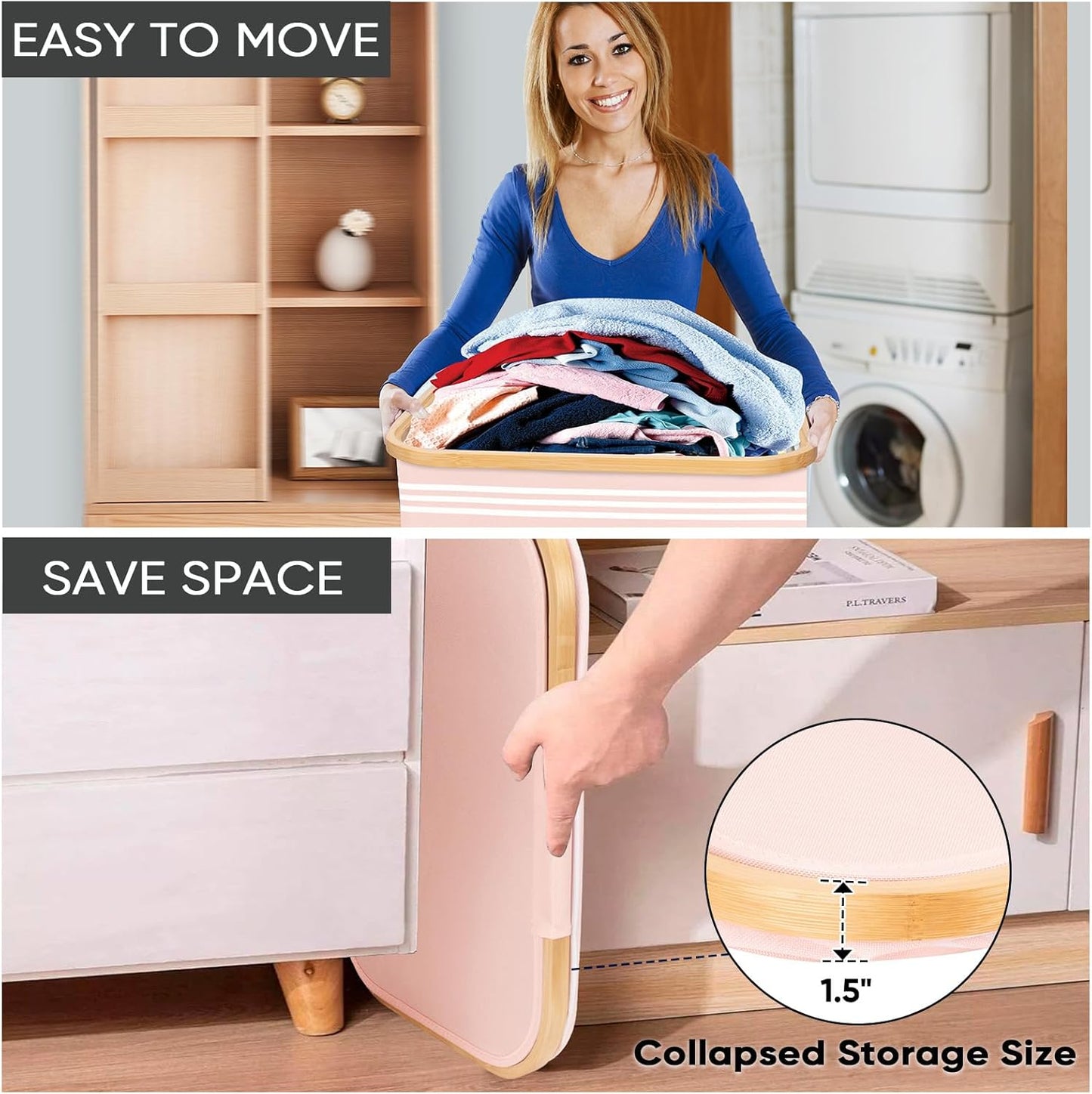 BALEINE Laundry Hamper with Lid, Tall Laundry Baskets with Bamboo Pull Handles, Large Laundry Bin with Internal Support (36 Gal/140L, Pink Pinstripe)