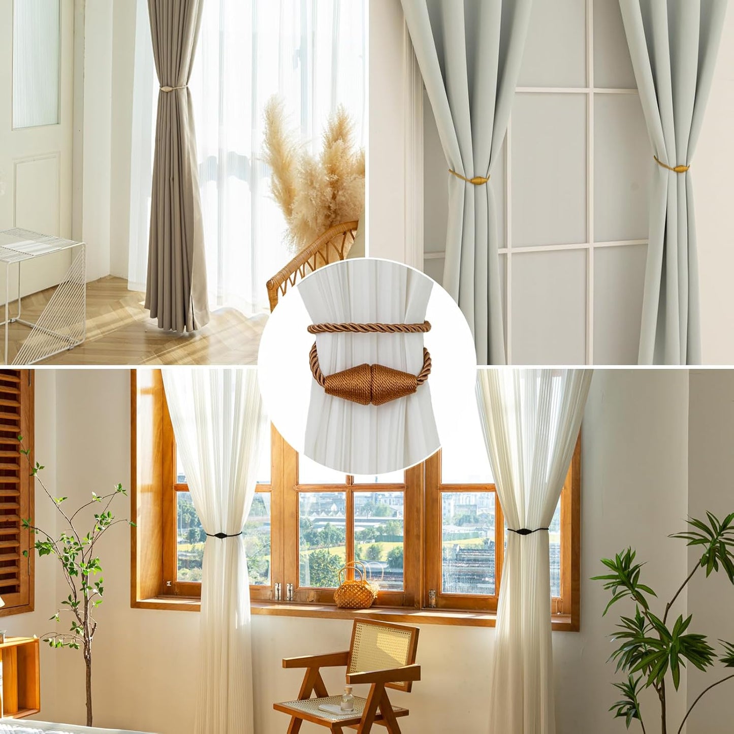 Magnetic Curtain Tiebacks 2 Pack Outdoor Rope Curtain Tie Backs Decorative Window Treatment Holdbacks for Home Decorative Curtain, Khaki