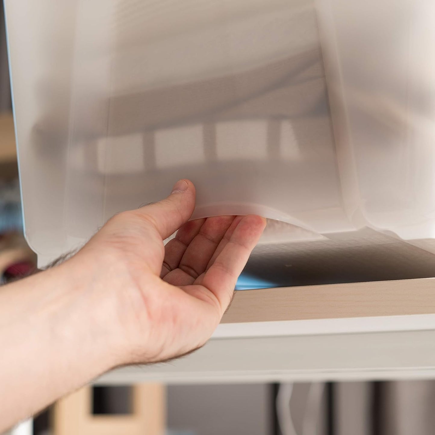 IRIS USA 32 Qt Stackable Plastic Storage Bins with Lids, 4 Pack - BPA-Free, Made in USA - Discreet Organizing Solution, Latches, Durable Nestable Containers, Secure Pull Handle - Pearl