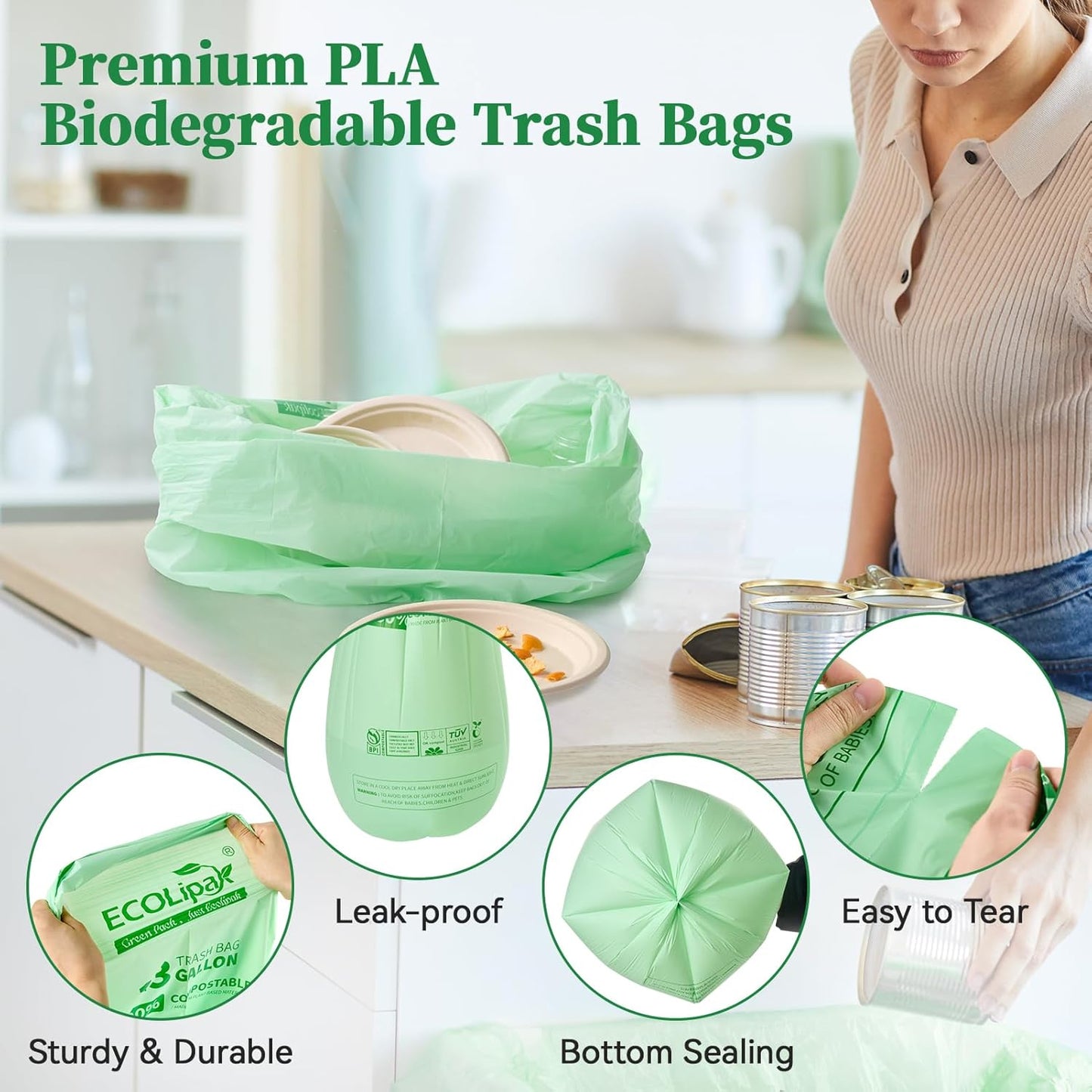 ECOLipak 13 Gallon Compostable Trash Garbage Bags, 50 Count (1 Roll) Biodegradable Heavy Duty Bathroom Kitchen Trash Bags for Home/Office, US BPI ASTM D6400 and OK Compost Home Certified