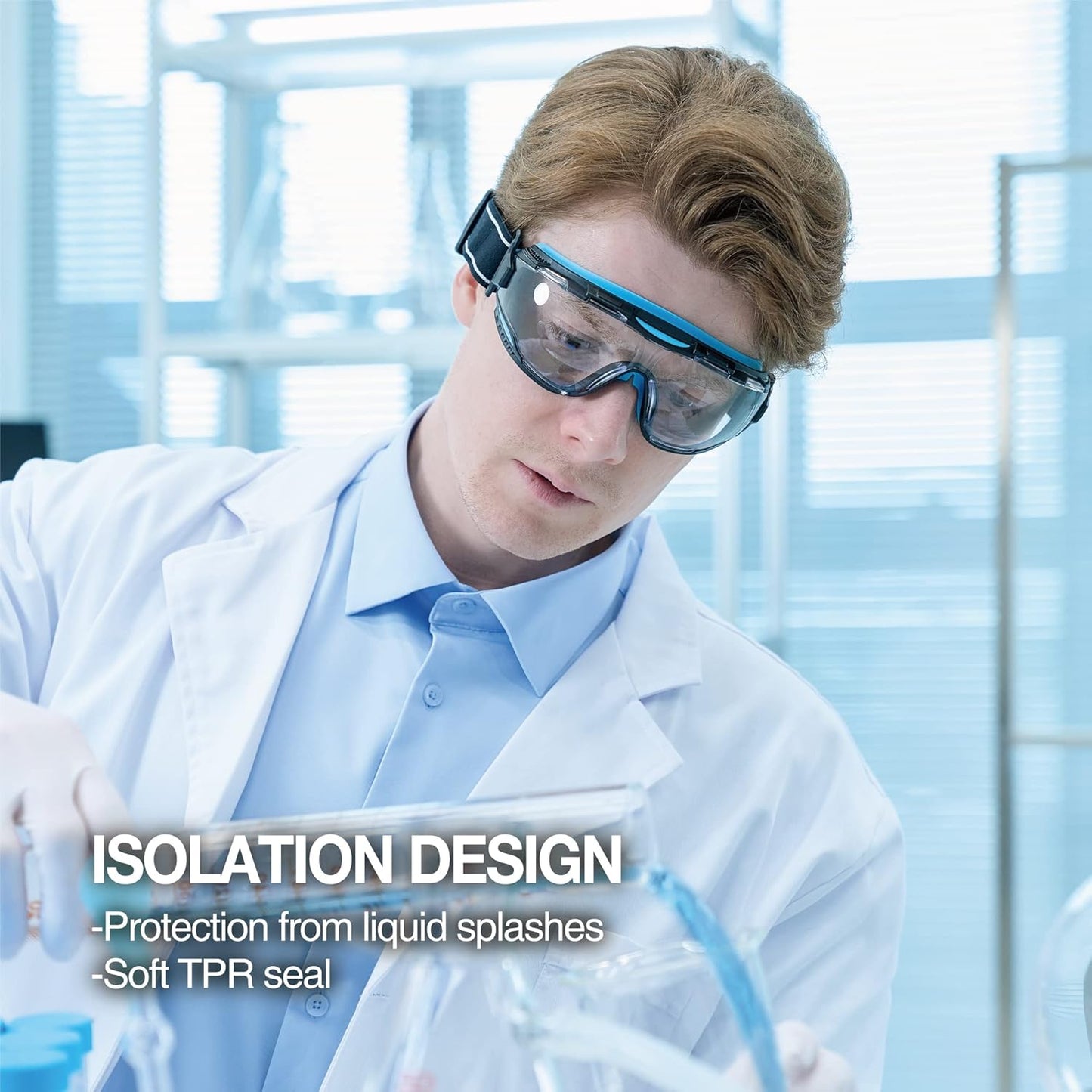 DEX FIT Protective Safety Goggles SG220; Anti Fog & Scratch, Z87 Eye Protection for Lab, Science, and Chemistry Work, Adjustable for Women and Men, (Black & Blue Frame, Clear Lens, 30cm Strap)