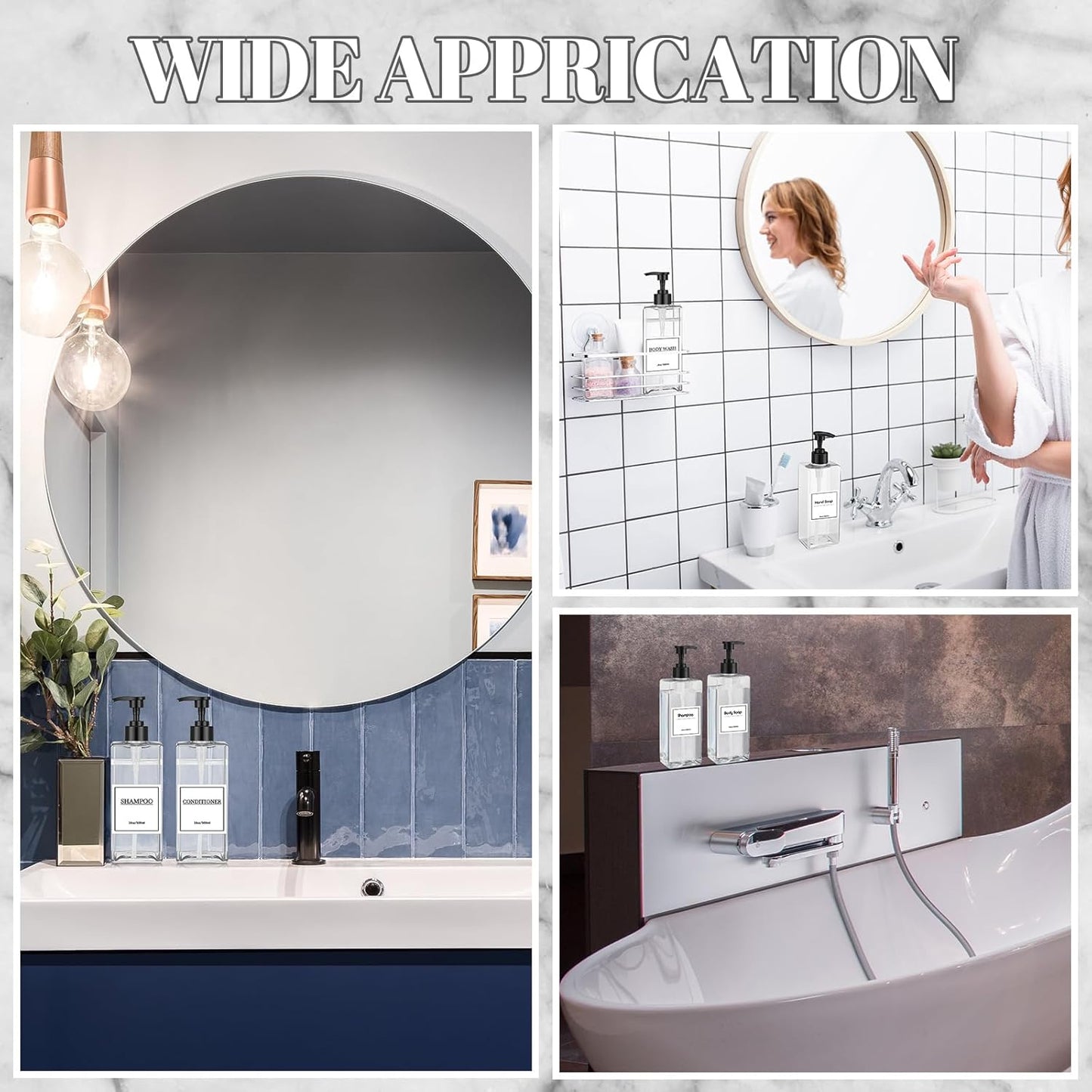 Tanlade 6 Pcs Shampoo and Conditioner Dispenser Bottles 16oz Modern Shower Soap Bottles with Pump, Labels and Marker Pen Easy to Refill Body Wash Dispensers for Home Bathroom Decoration(Clear)