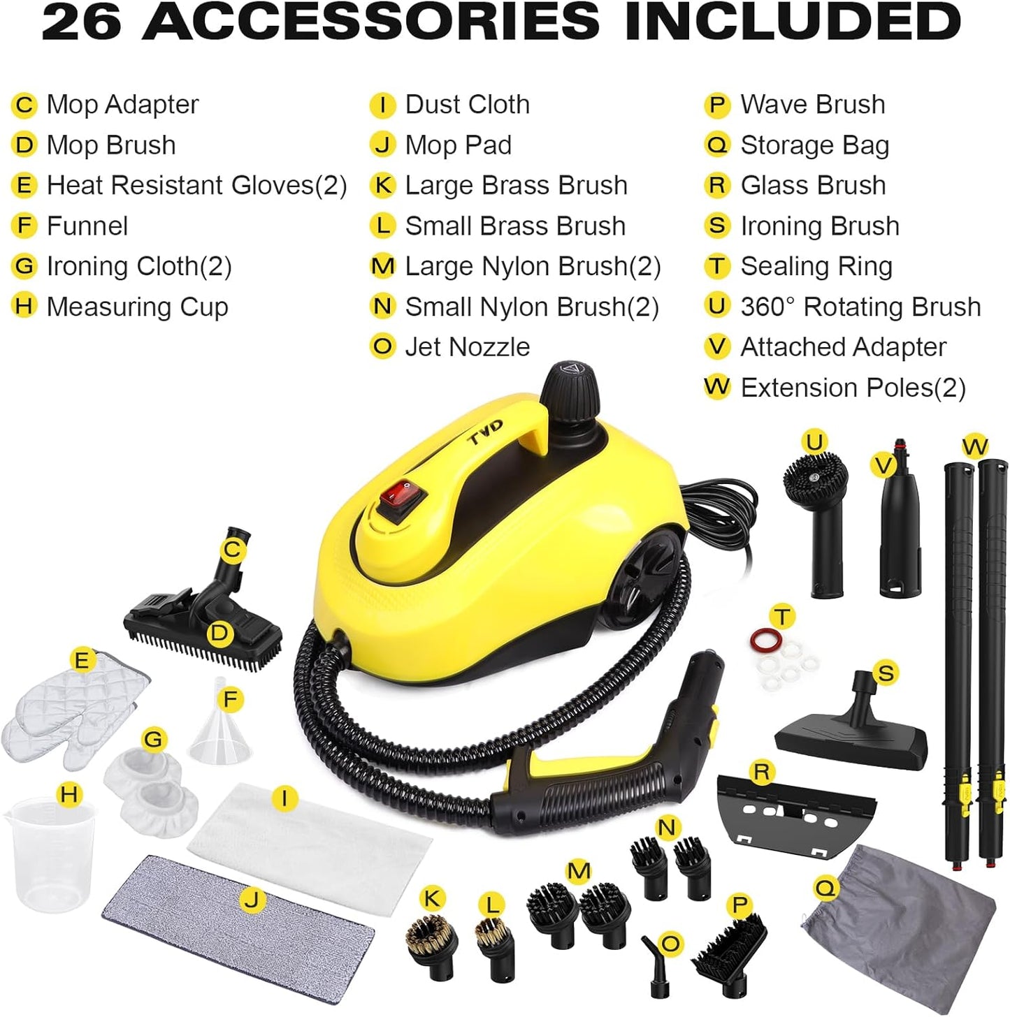 TVD Steam Cleaner, Heavy Duty Canister Steamer with 26 Accessories, Steam Mop with 5M Extra-Long Power Cord for Home Floor Cleaning, Grout, Upholstery, Car Detailing