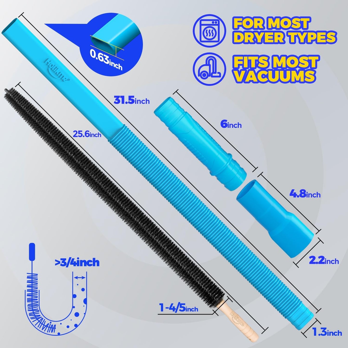 Holikme 2 Pieces Dryer Vent Cleaner Kit, Dryer Lint Vacuum Attachment and Flexible Dryer Lint Brush, Dryer Vent Vacuum Hose Attachment,Blue