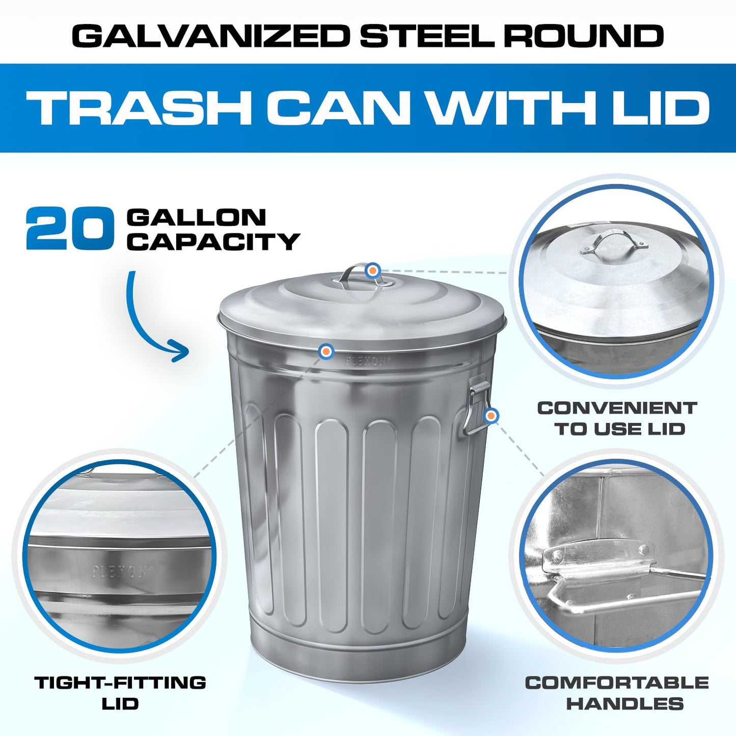 Plexon 13-Gallon Galvanized Steel Round Trash Can with Lid