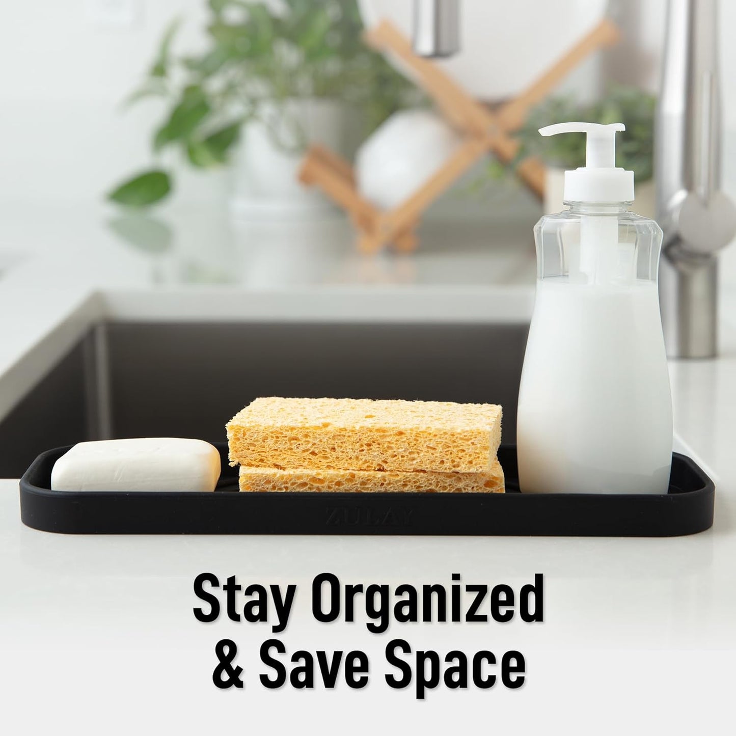 Zulay Large Silicone Sponge Holder (12x4) – Flexible Sink Organizer Tray for Kitchen & Bathroom – Multipurpose Soap Dish for Sponges, Makeup, Trinkets & More (Black)