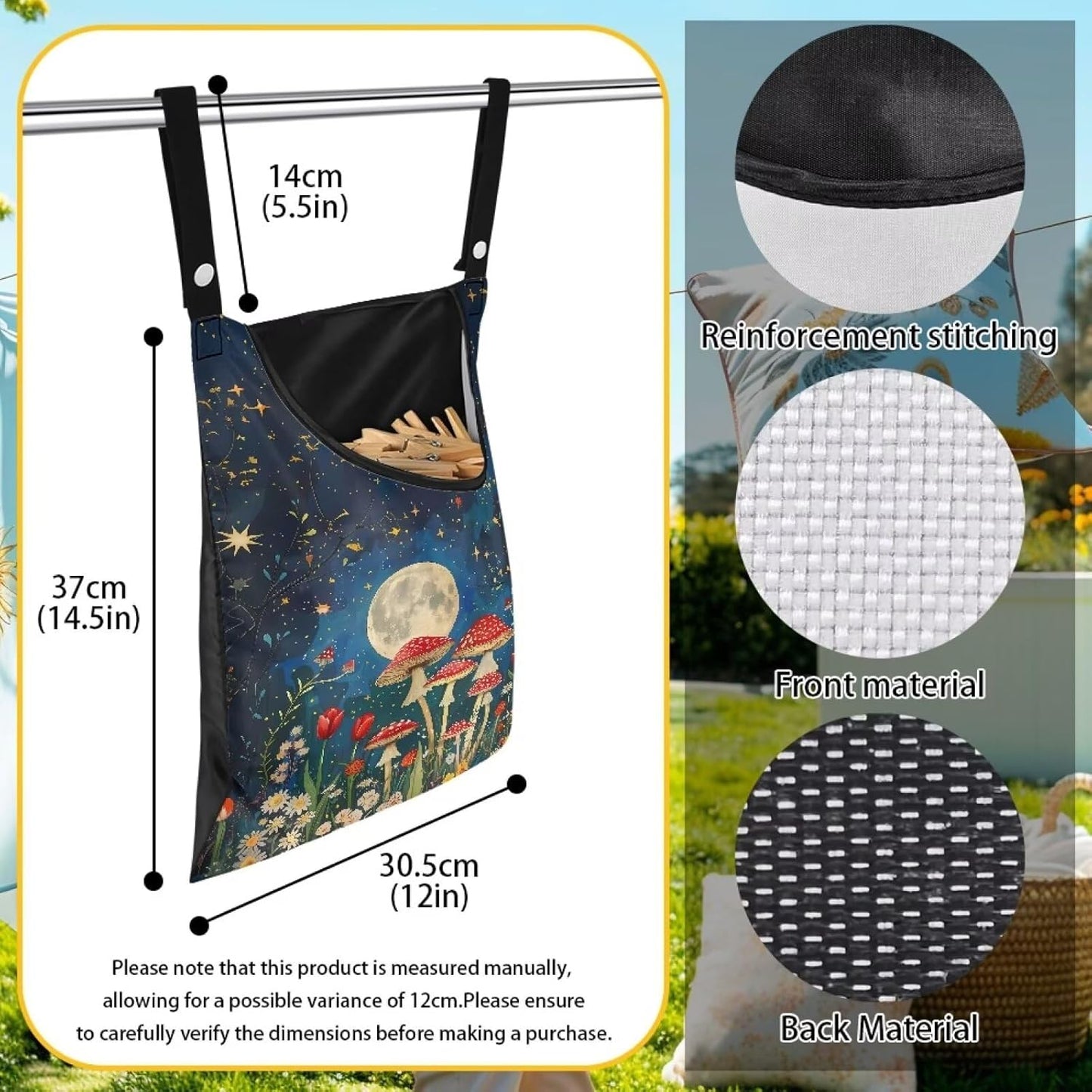 Mushroom Handy Clothespin Bags Moon Space-Saving Clothespin Storage Hanger Bag, Hanging Storage Organizer with Hanging Rope for Home Outdoor Supply